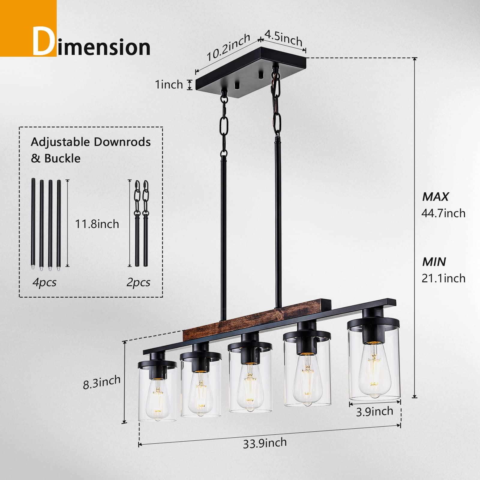 Nsrce 5-Light Farmhouse Linear Chandelier, Black Metal With Clear Glass Shade, Rustic Pendant Light