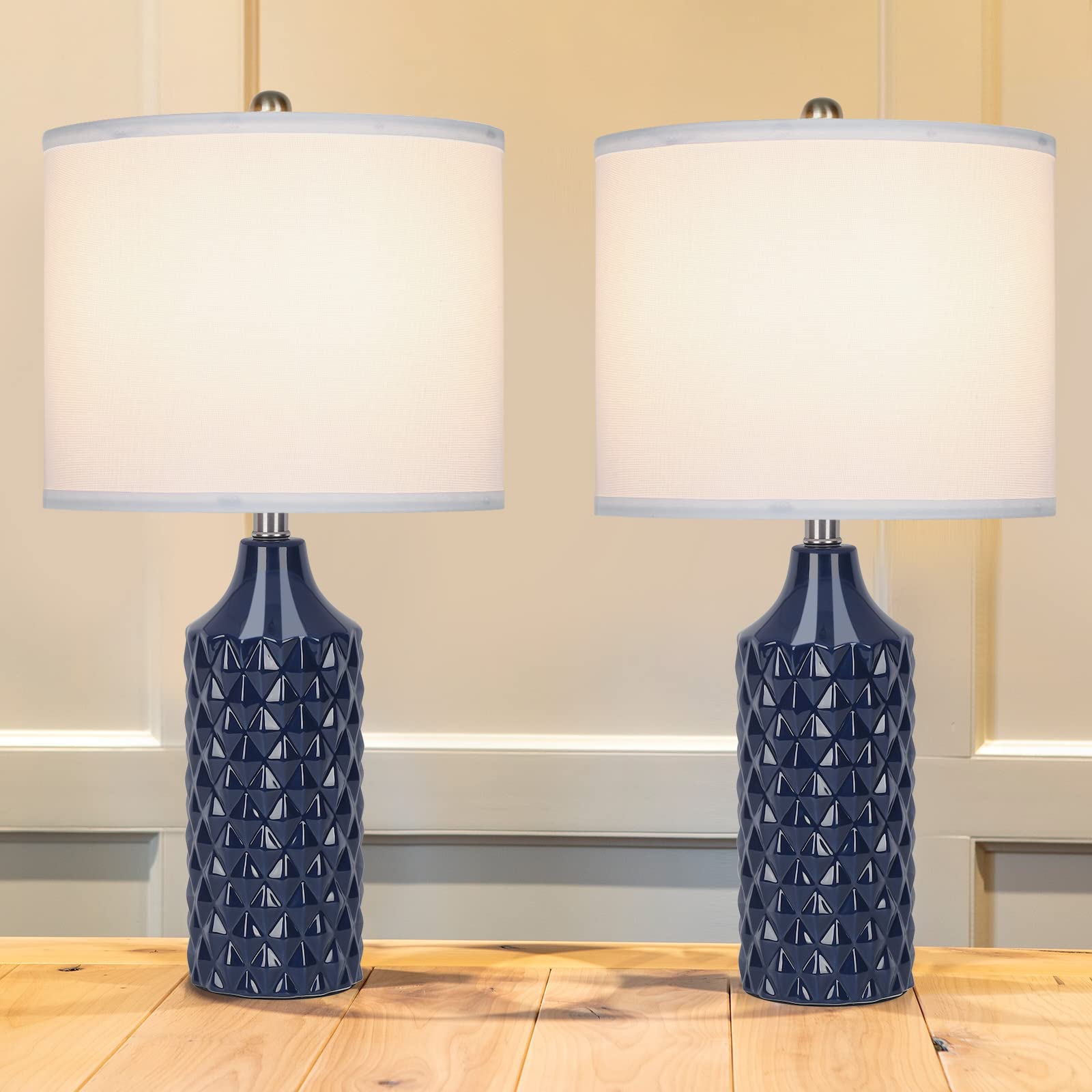 Qingmiao 25&quot; Navy Blue Ceramic Table Lamp Set Of 2 - 3-Way Dimmable Nightstand Lighting