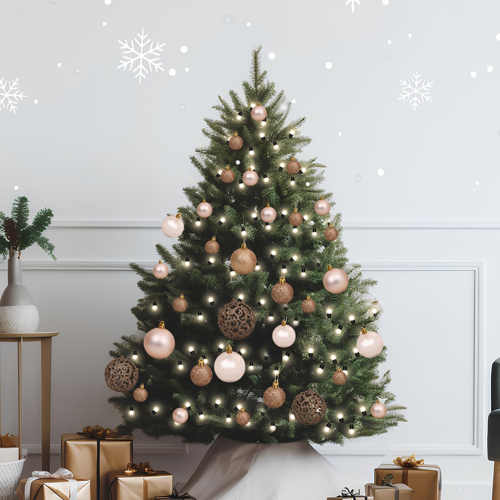 vidaXL 61 Piece Christmas Ball Ornaments Set, Shatterproof Xmas Decorations with 150 LED Lights, 12.6x3.9x9.8 in, Rose Gold
