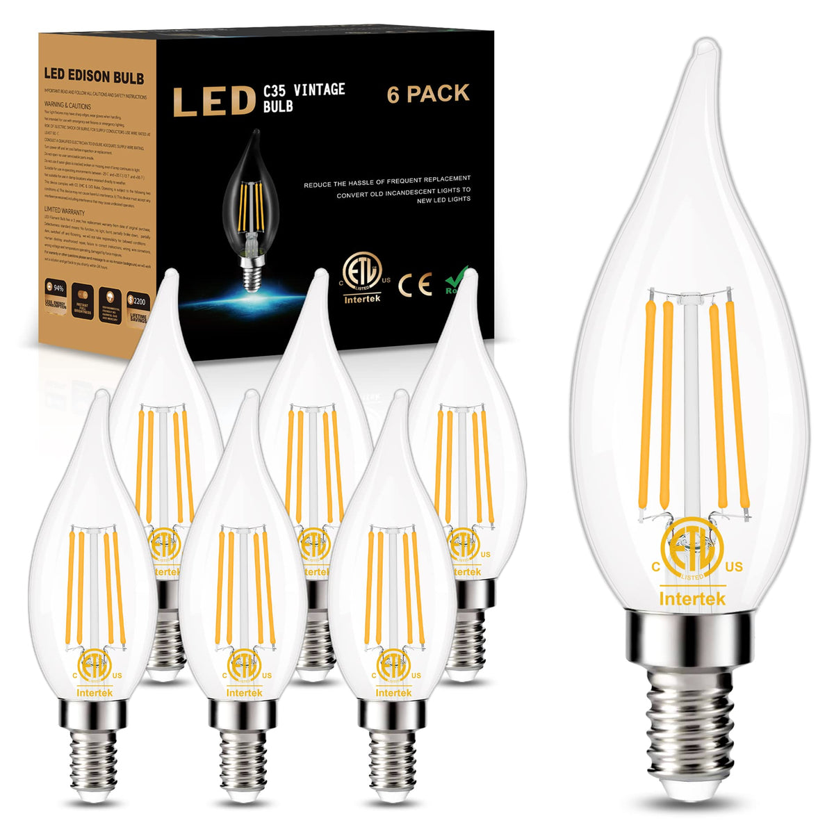 GOLSPARK E12 LED Bulb Dimmable Candelabra Base, 2700K Warm White Chandelier Light Bulbs 60W Equivalent, B11 Type B Light Bulb C3