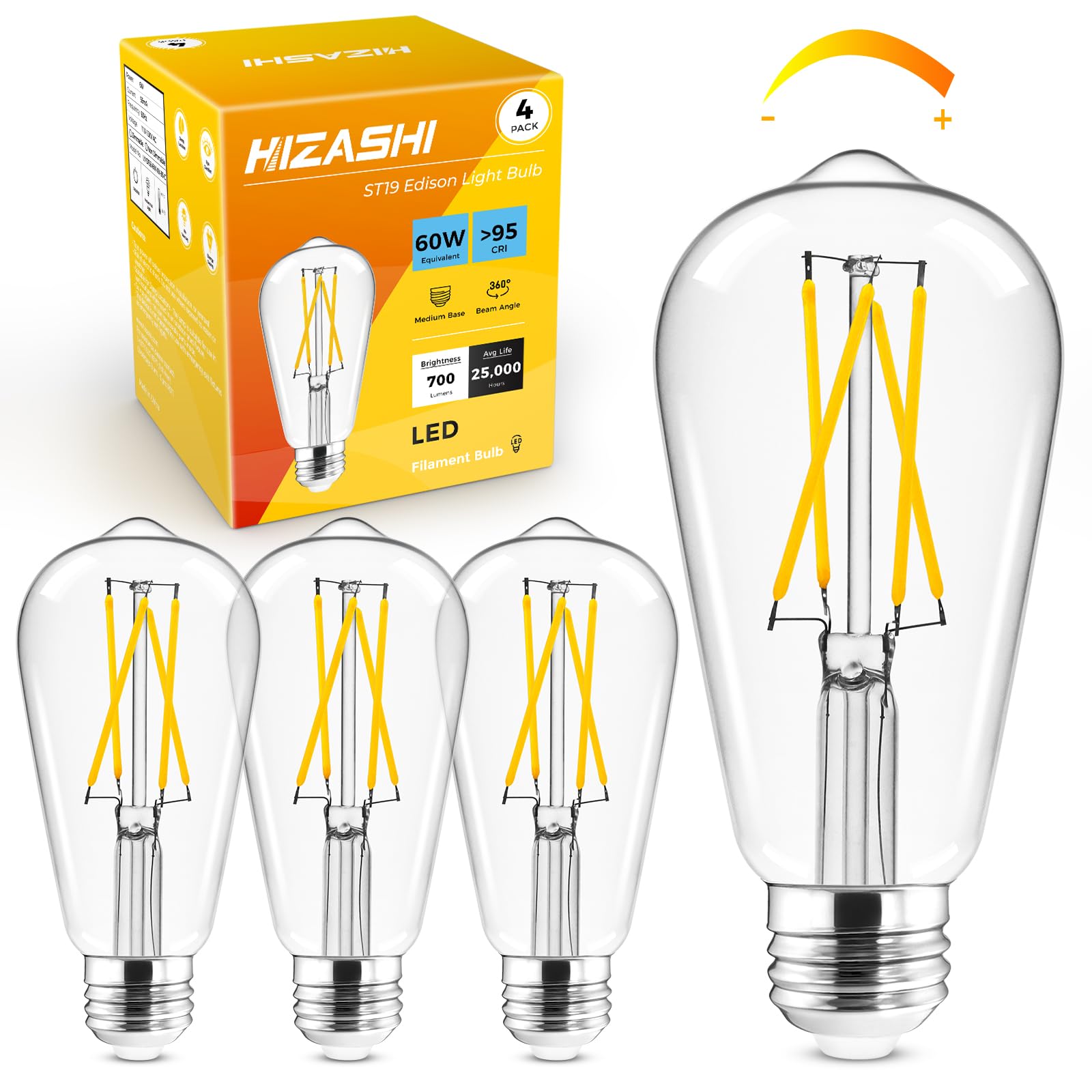 Hizashi LED Edison Bulbs, 6W Equivalent, Dimmable E26, 3000K Soft White, Clear Glass, Pack of 4