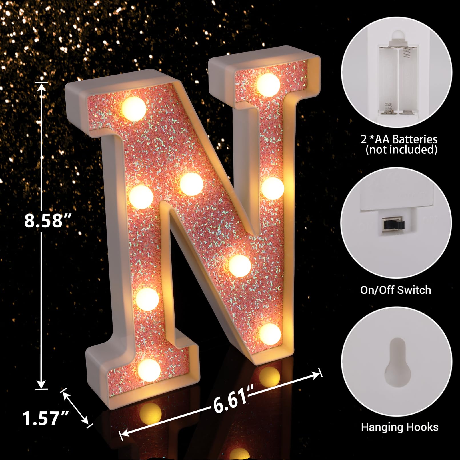 TRONSBOO LED Letter Light - Pink Glitter Marquee Sign, Battery Powered, 6.61in x 8.58in x 1.57in, Model: Pink-Light-N, Girls