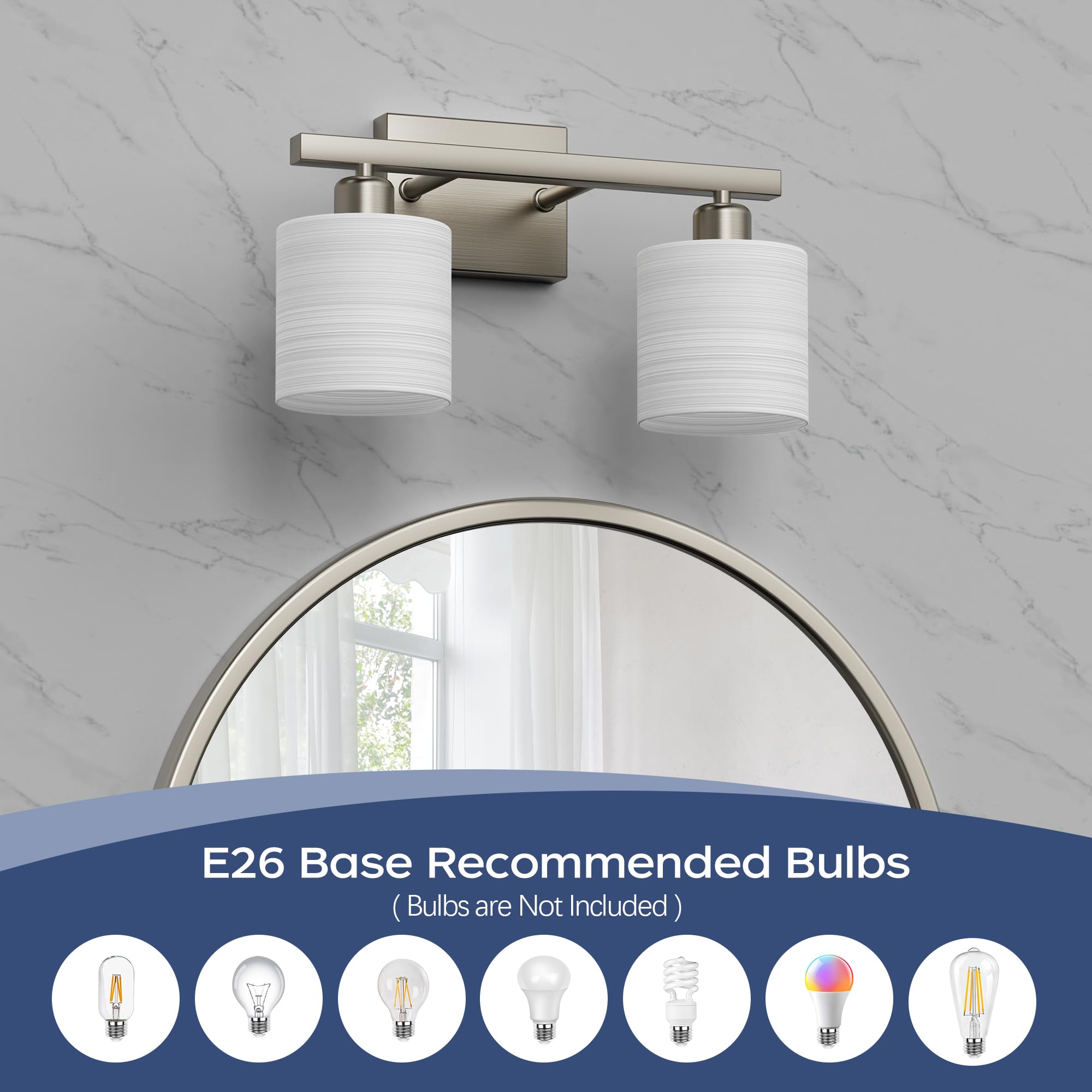 PARTPHONER Classic Vanity Lights, 2-Light Brushed Nickel, Textured Frosted Opal Glass Shades, Model PAWL200AS1