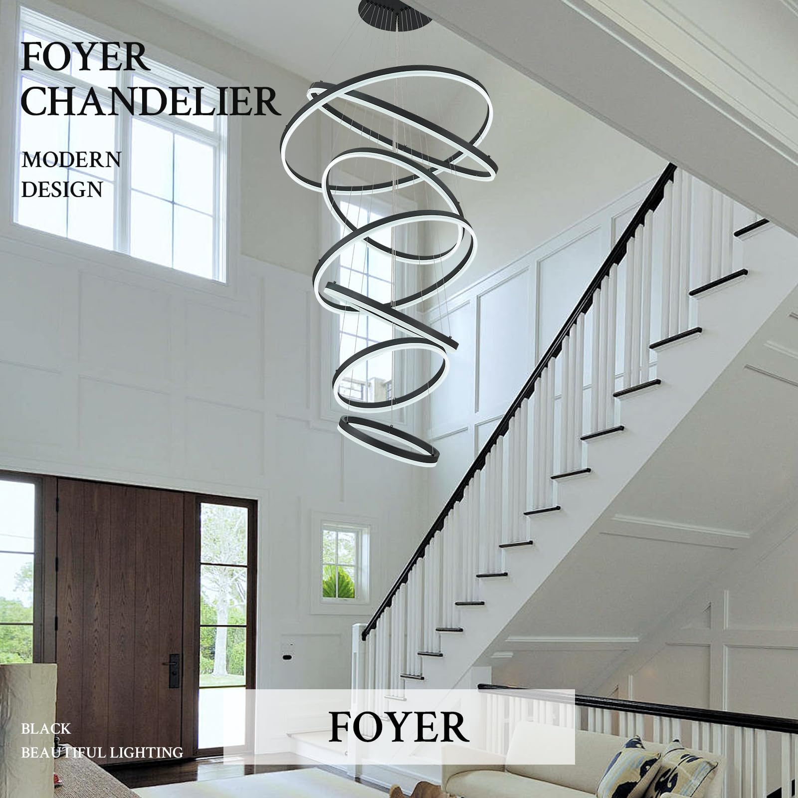 Sparklelf Modern LED Chandelier, 7 Rings 31.5in, Black, Dimmable, Remote Control, 3000K-6500K, Ideal for High Ceilings
