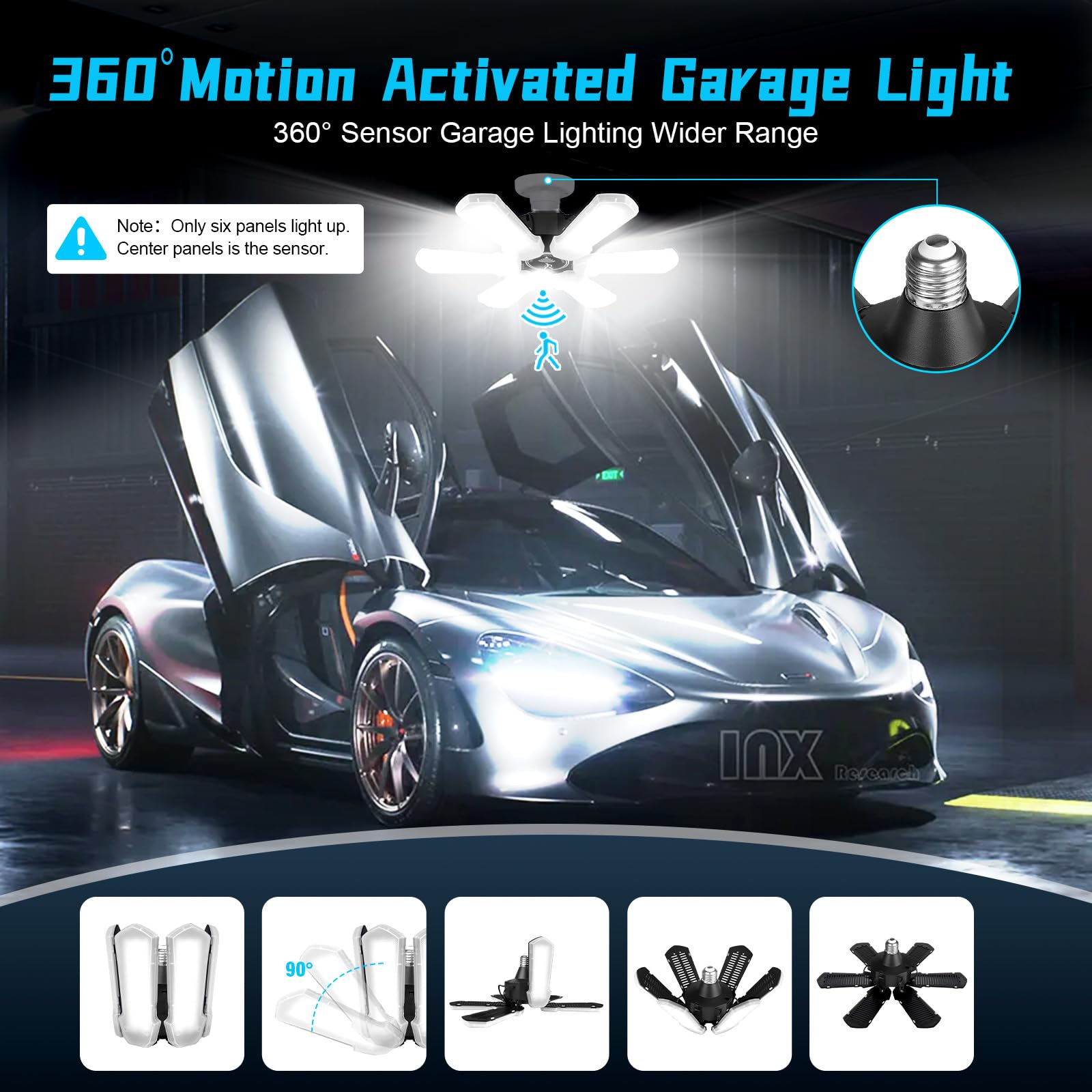 Motion Sensor Garage Light  Bright 18000Lm Basement Shop Ceiling Lighting With Motion  180W Led Motion Activated Garage Lighting W/ 6 Adjustable Panels Screw In E26 E27 Bulb For Basement Shop(1Pack)
