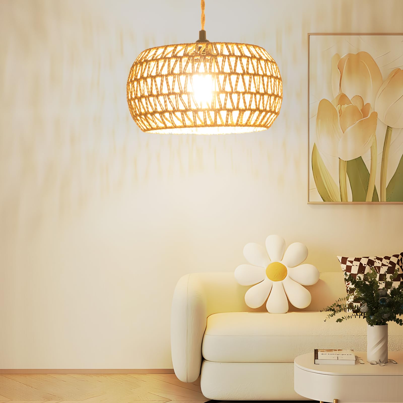 Eqquorva Plug In Pendant Light,Rattan Hanging Lights With Plug In Cord,Handmade Hanging Lamp Plug In,Rattan Light Fixtures Ceiling Hanging For Living Room Bedroom