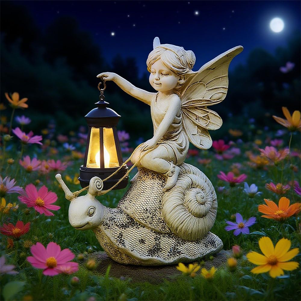 ZYLiWoo Solar Snail Statue Light, Outdoor Resin Solar Garden Sculpture, Fun Elf Riding Snail Fairy Tale Statue, Lawn, Patio Outd