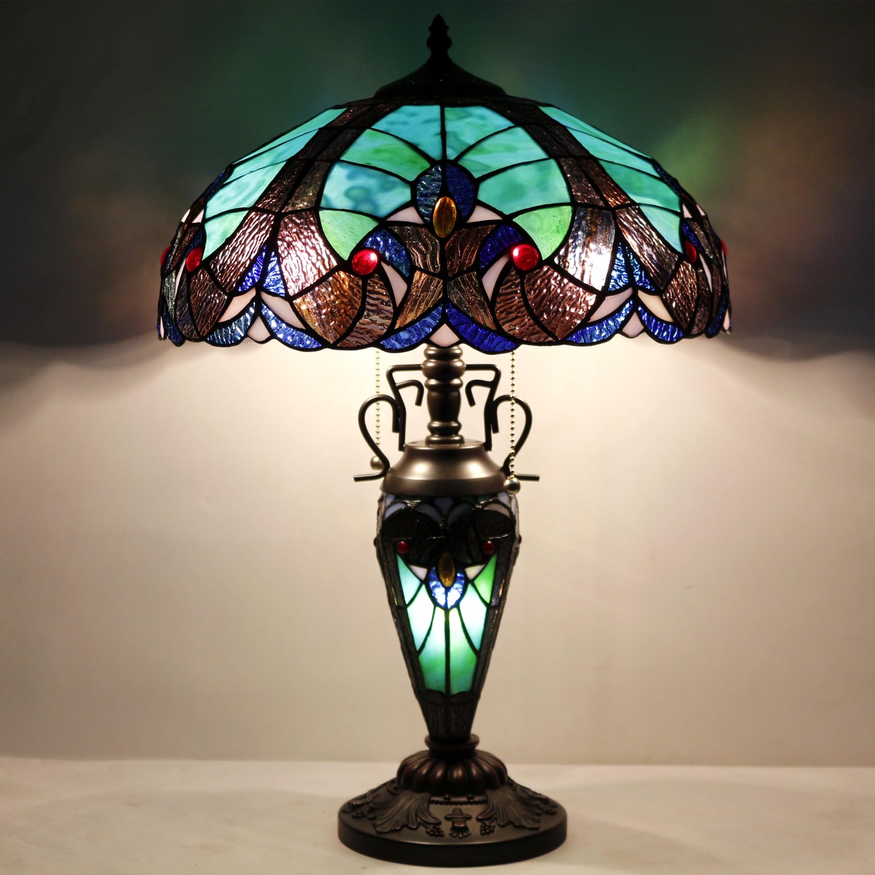 Werfactory Tiffany Style Table Lamp Green Stained Glass Liaison Mother-Daughter Vase Lamp 16X16X24 Inches Desk Reading Light Dec