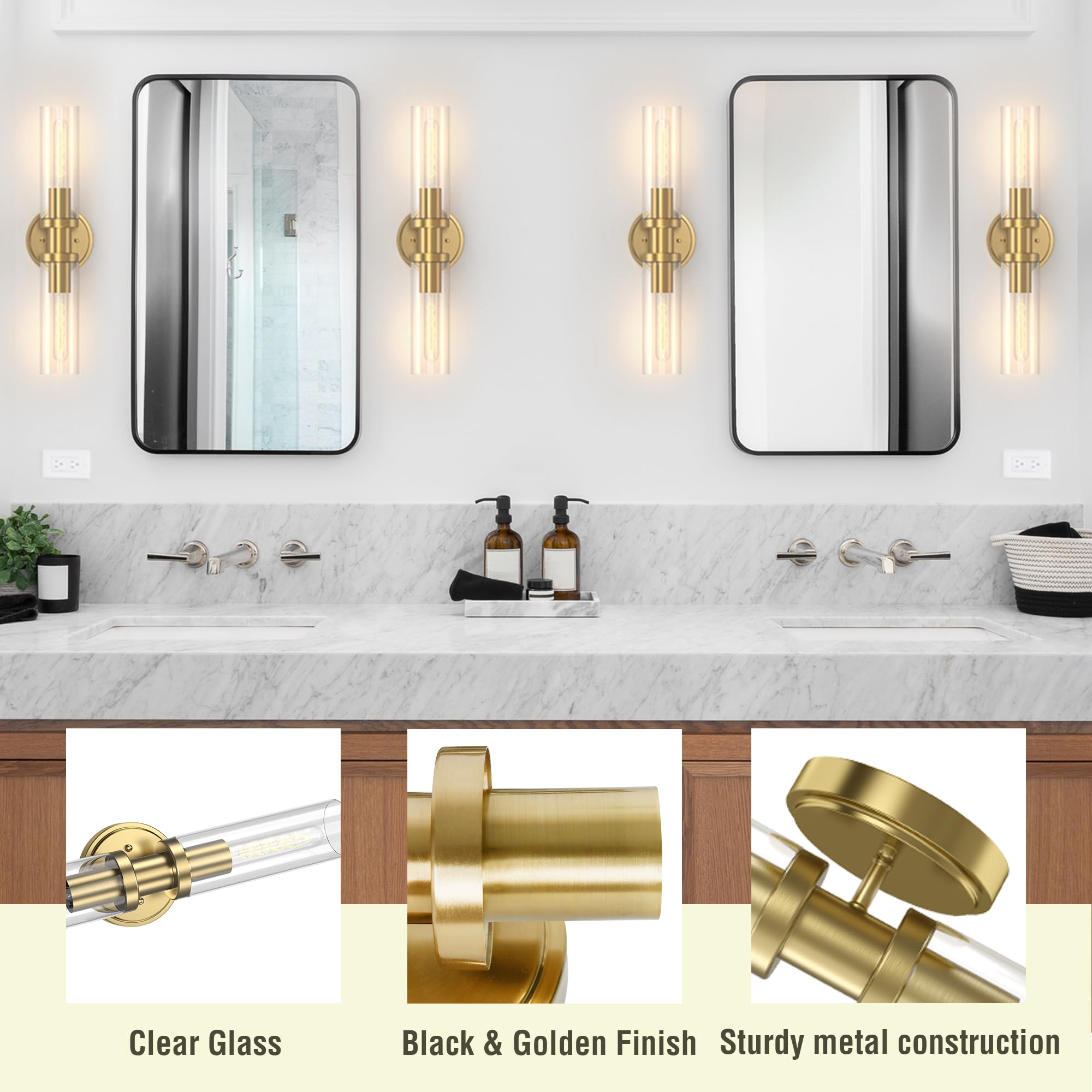 Espird Bathroom Light Fixtures 2-Light Gold, Bathroom Vanity Lights Over Mirror, Wall Sconces, Industrial Bathroom Lighting, Mod