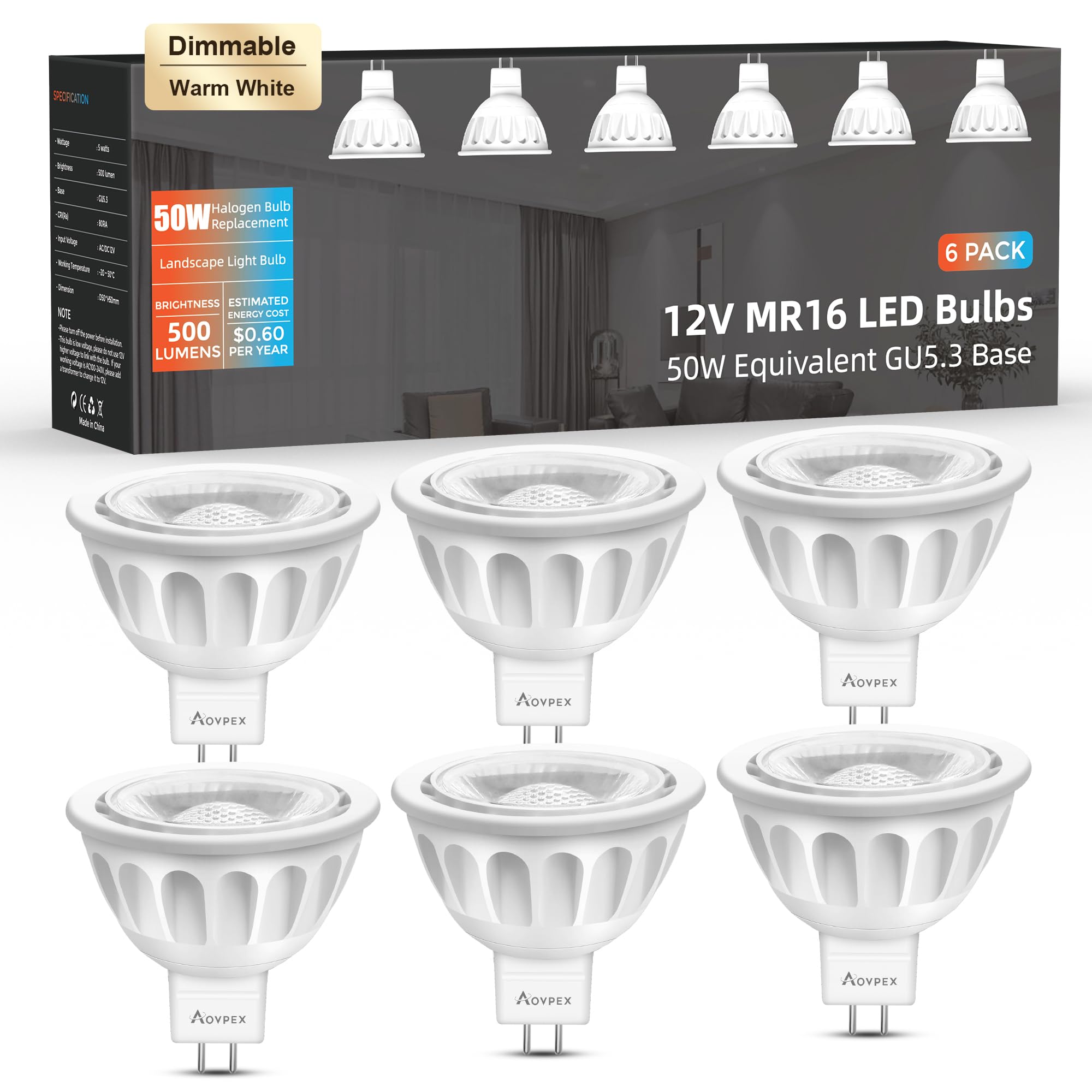 Aovpex 6 Pack Dimmable Mr16 Led Bulbs, 12V 5W(50-Watt Equivalent), 3000K Warm White, Gu5.3 Bi-Pin Base, 40-Degree, Indoor Outdoo
