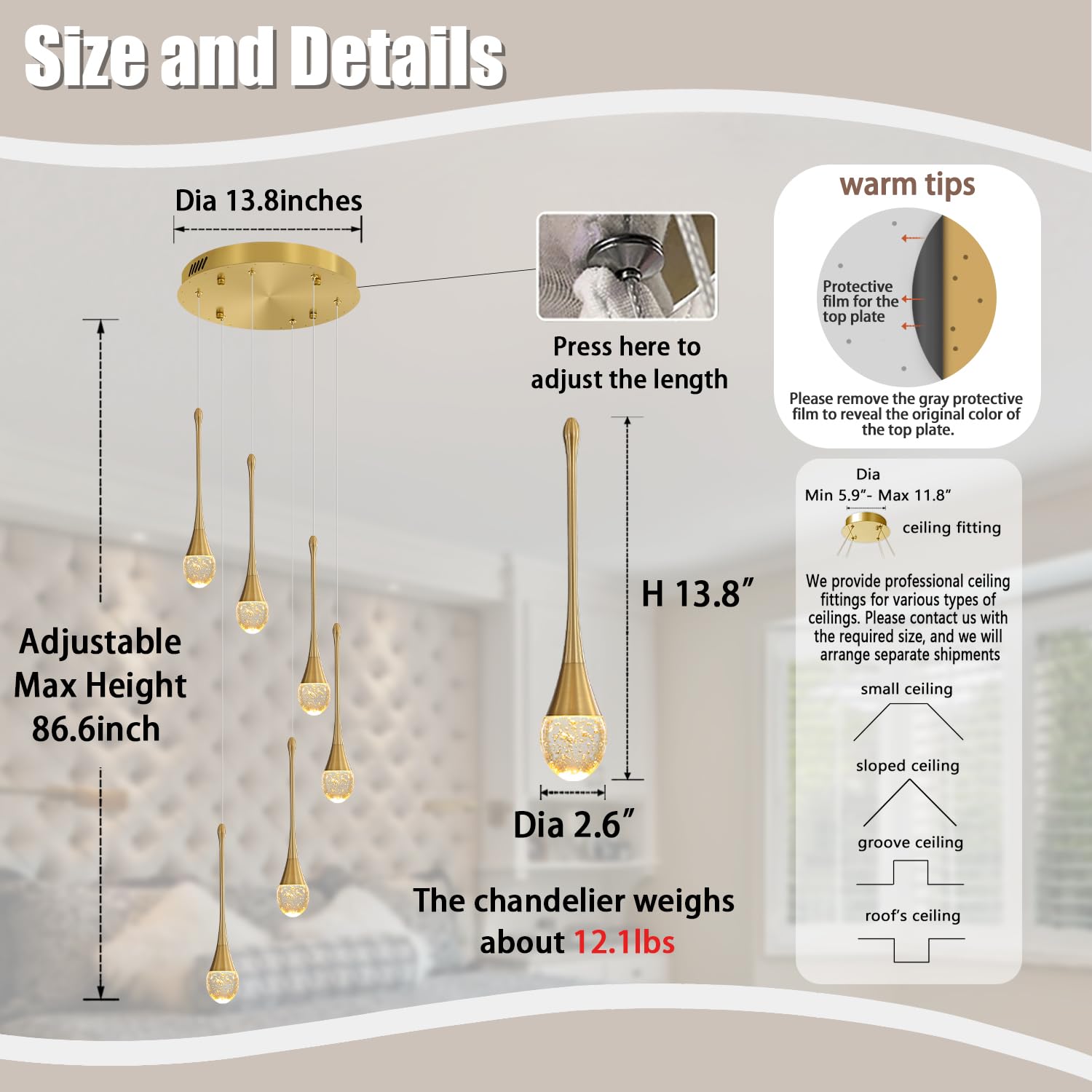 Ykolupty H86 Pendant Lights Kitchen Island 6-Lights Pendant Chandelier For Dining Room Hallway Stairwell,Led Dimmable 2700K-6000K