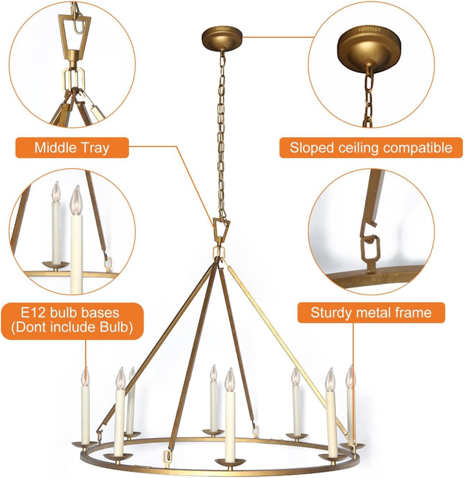 LOVEDIMA Gold Wagon Wheel Chandelier, 8-Light Antique Brass Ceiling Fixture, 35.4'' Candle-Shaped Design