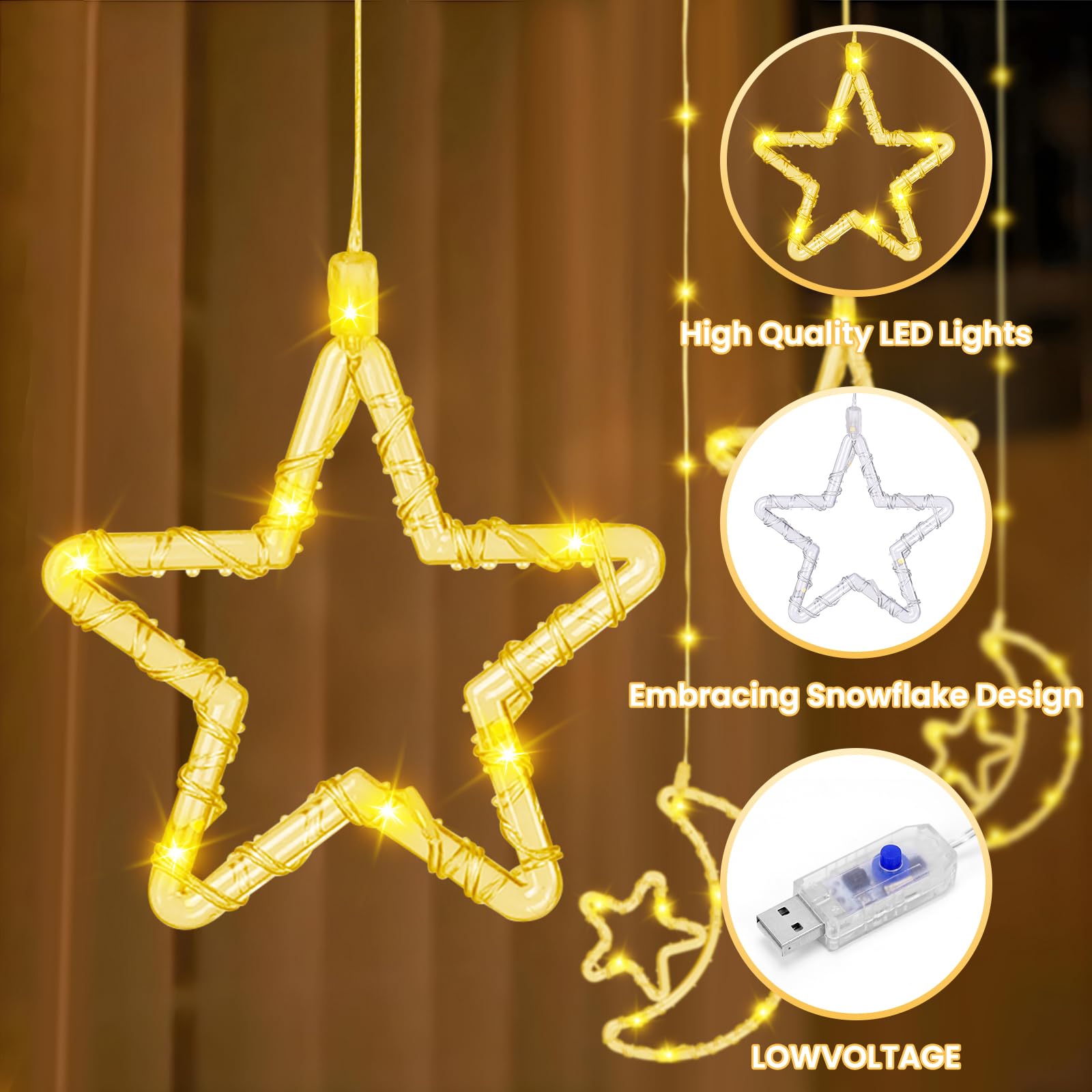 FIALAME 130 LED Ramadan Star Moon Curtain String Lights, Remote & USB Plug, White, Model YOLO