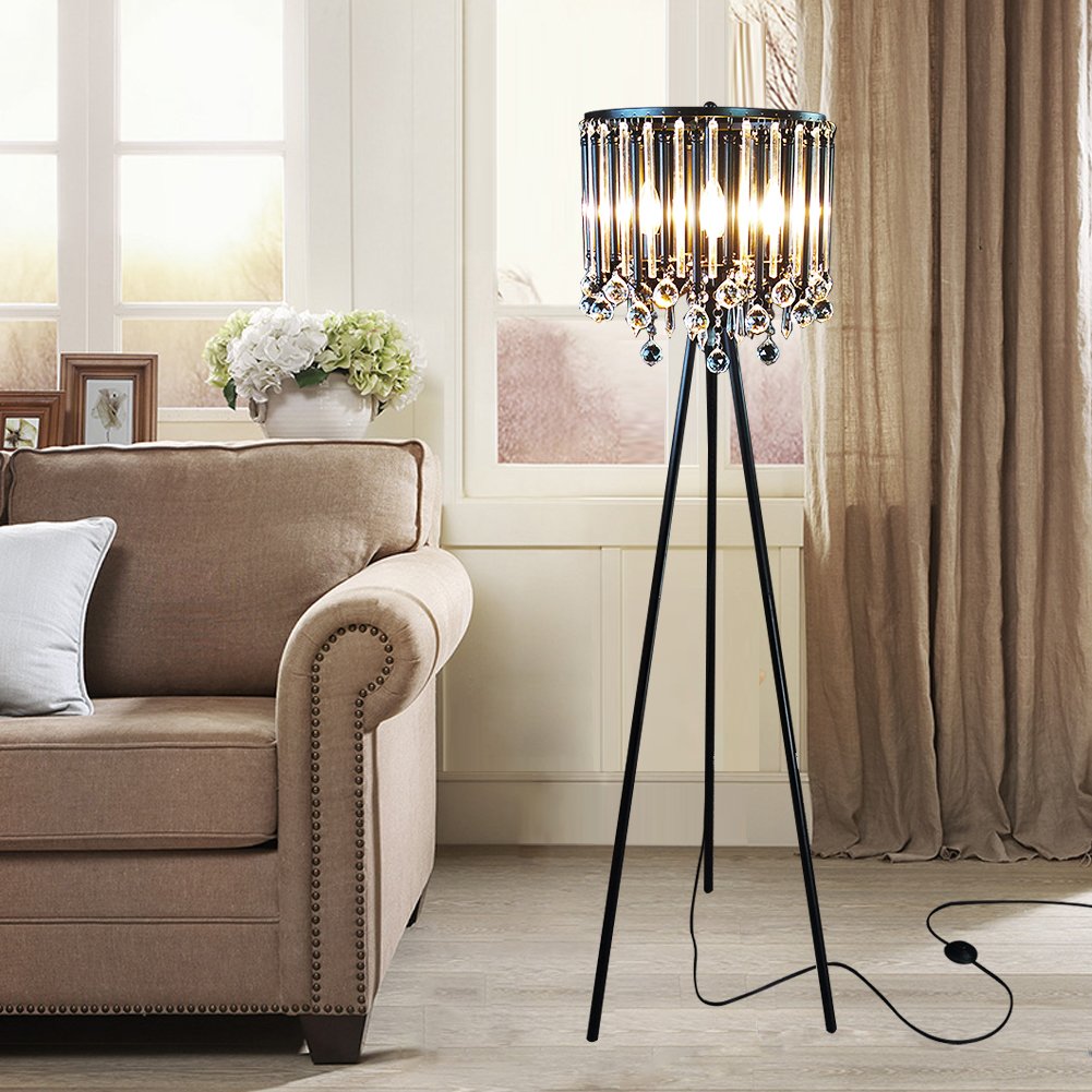 Hsyile Lighting Ku300168 Unique Romance Crystal Tripod Floor Lamp Black Suitable For Bedroom,Living Room,Coffee Shop,4 Lights