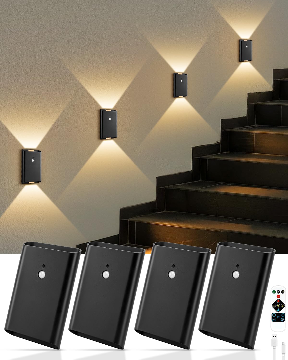 4 Pack Rechargeable Motion Sensor Wall Sconce - 5000mAh Wireless Battery Operated Wall Light Indoor, 3 Colors Up/Down Lighting M