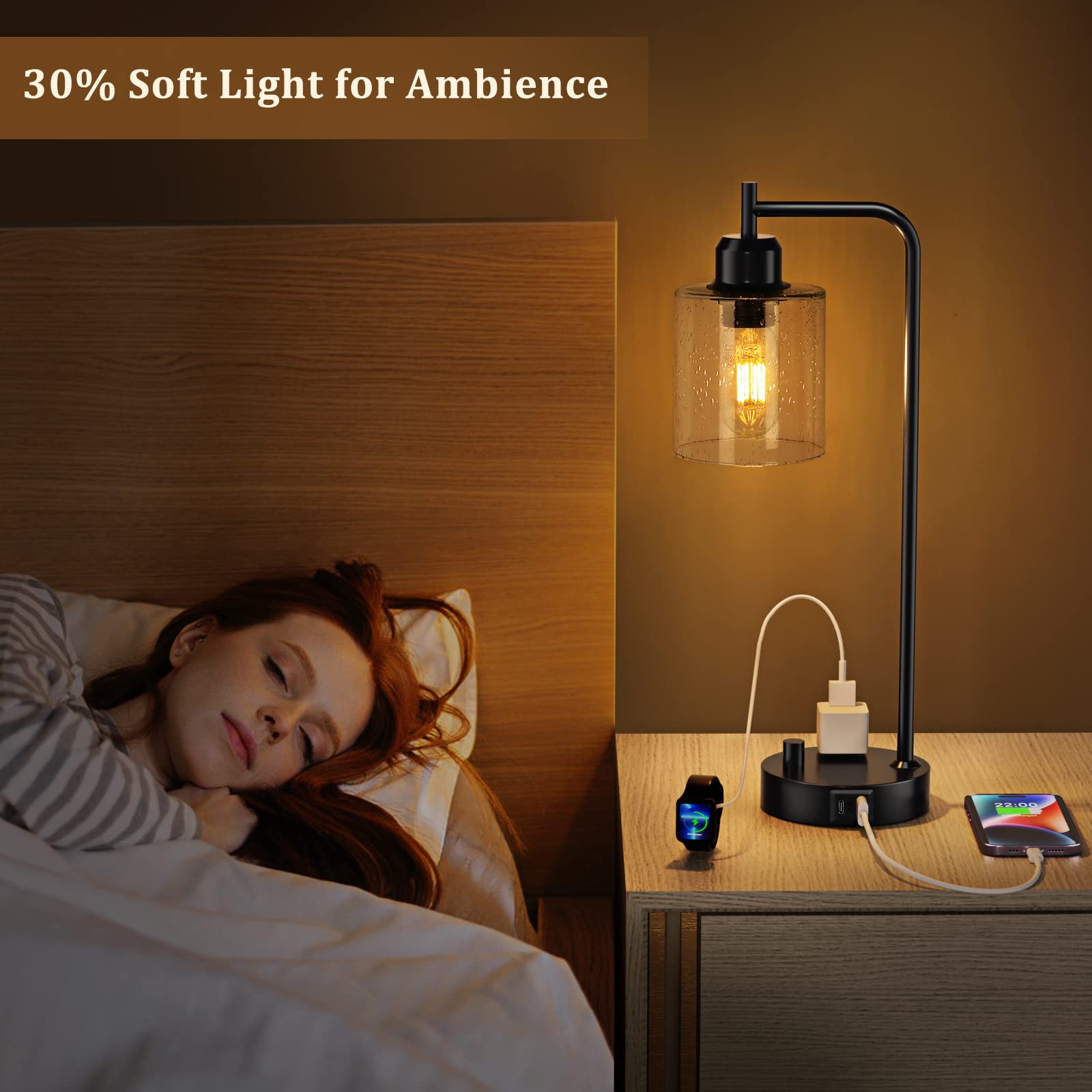 Industrial Bedside Table Lamp For Bedroom - Nightstand Lamps With Usb C Charging Port, Fully Dimmable Black Ports And Outlets, S