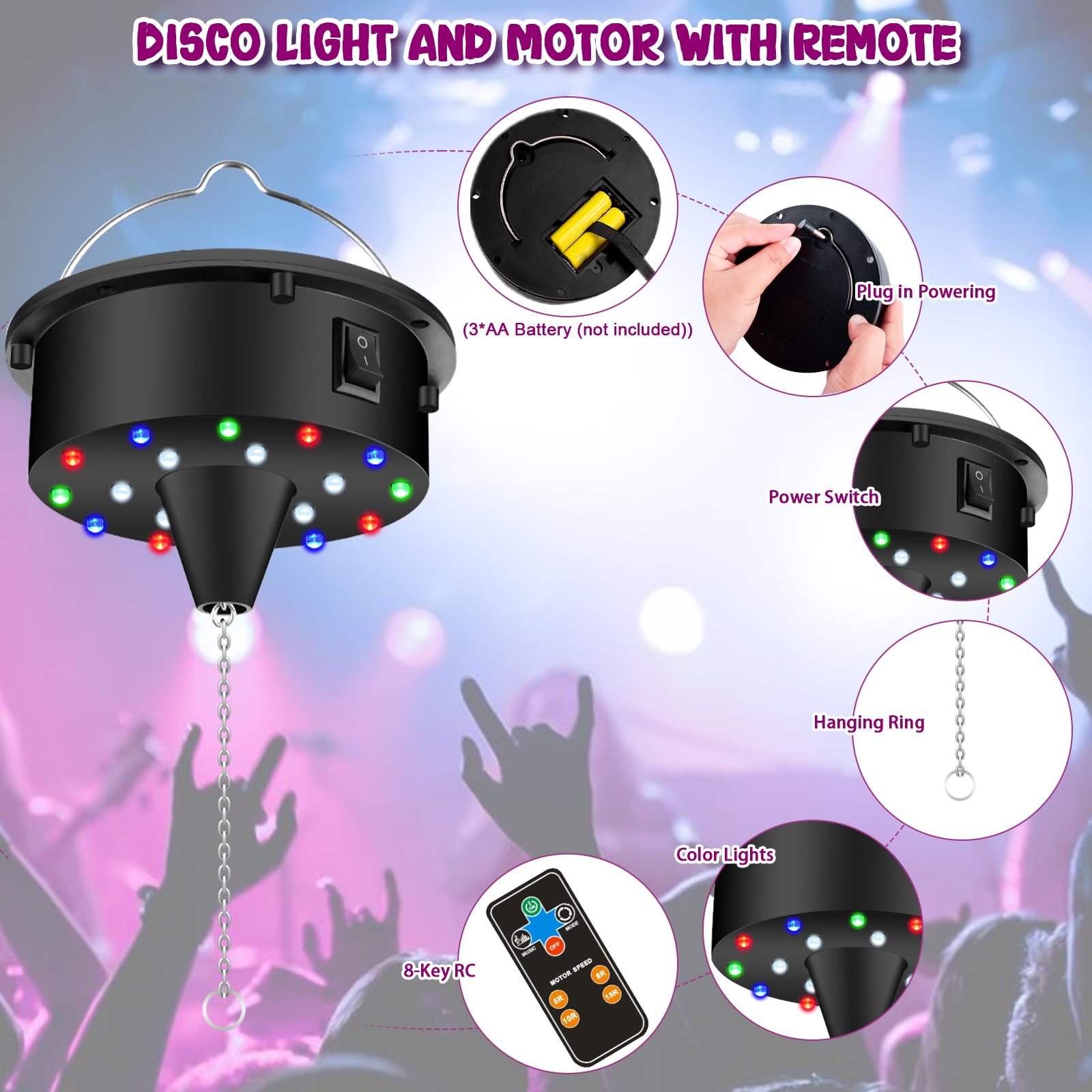 5/8/10/15 Rpm Disco Ball Motor With Remote For Party Decor, Disco Ball Spinner Light With 4 Color Lights And 18 Led Beads, Heavy Duty Motor For Hanging 8/10/12/15 Inch Mirror Ball(No Ball)