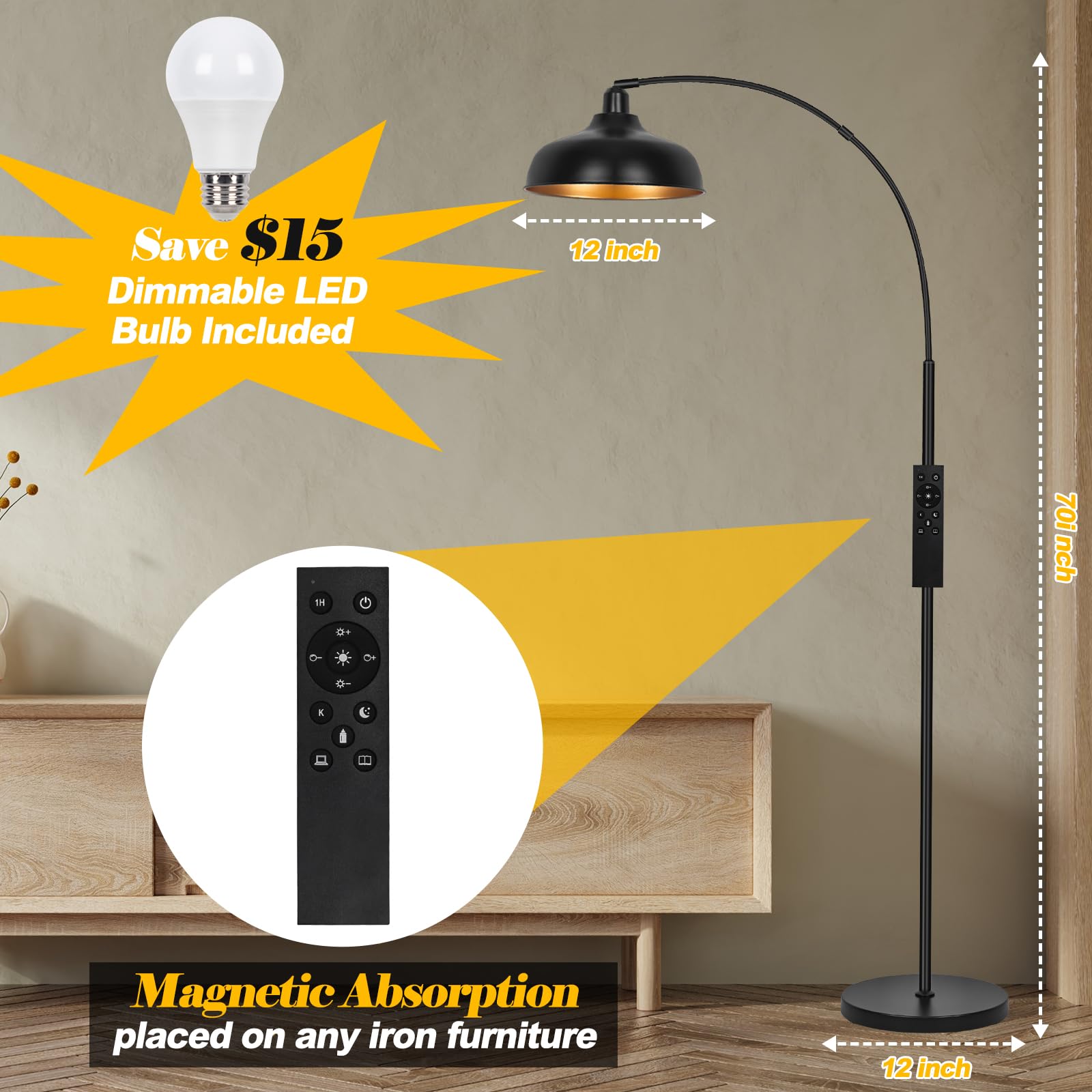 Arch Floor Lamps With Remote - Dimmable Floor Lamp 70 Black Tall Lamp With 360? Adjustable Hanging Metal Shade, Arc Lamps Floor