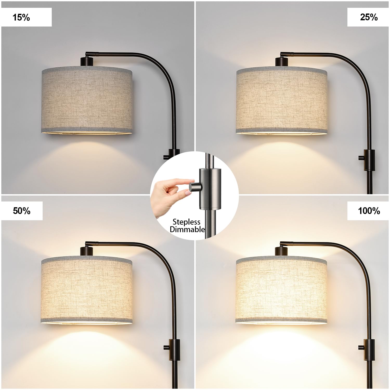 Upgraded Dimmable Floor Lamp, 1200 Lumens Led Bulb Included, Bronw Arc Floor Lamp With Linen Shade For Living Room, Bedroom, Rea