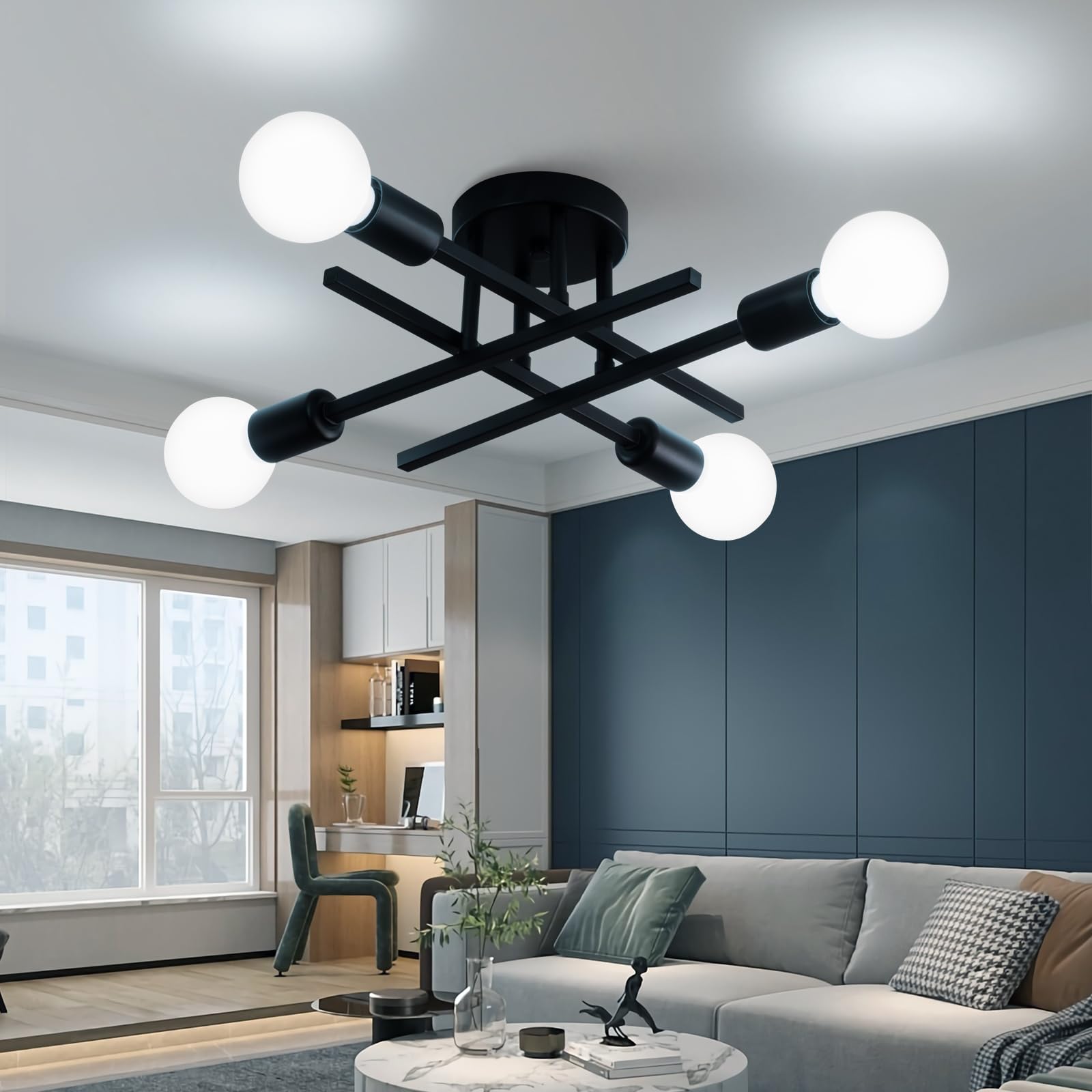 Xingsiyuelyx Modern Black Sputnik Ceiling Light Fixture,Semi Flush Mount Ceiling Light,Close To Ceiling Light,Chandelier Light F