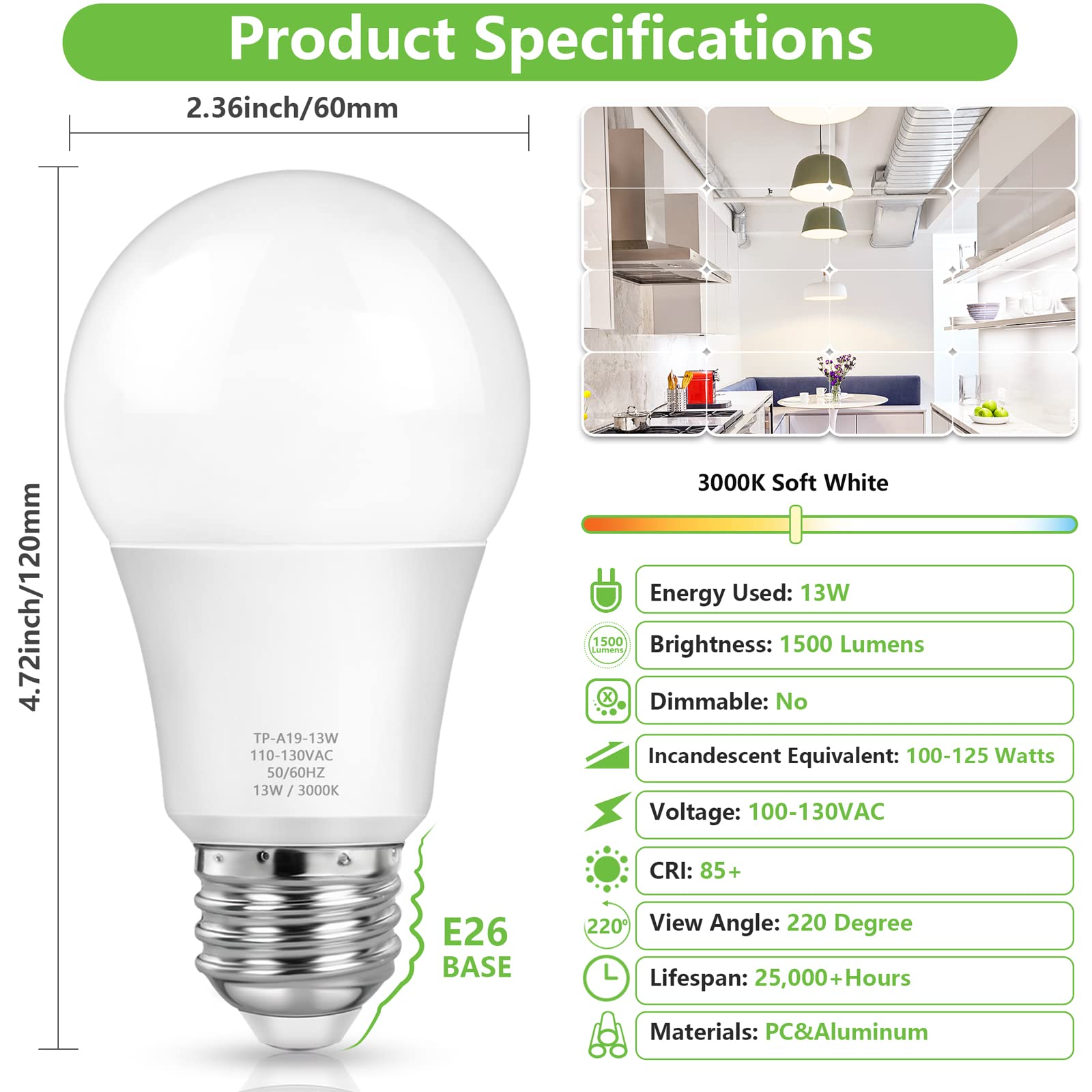 Maxvolador A19 Led Light Bulbs, 100 Watt Equivalent Led Bulbs, Soft White 3000K, 1500 Lumens, E26 Standard Base, Non-Dimmable, 1