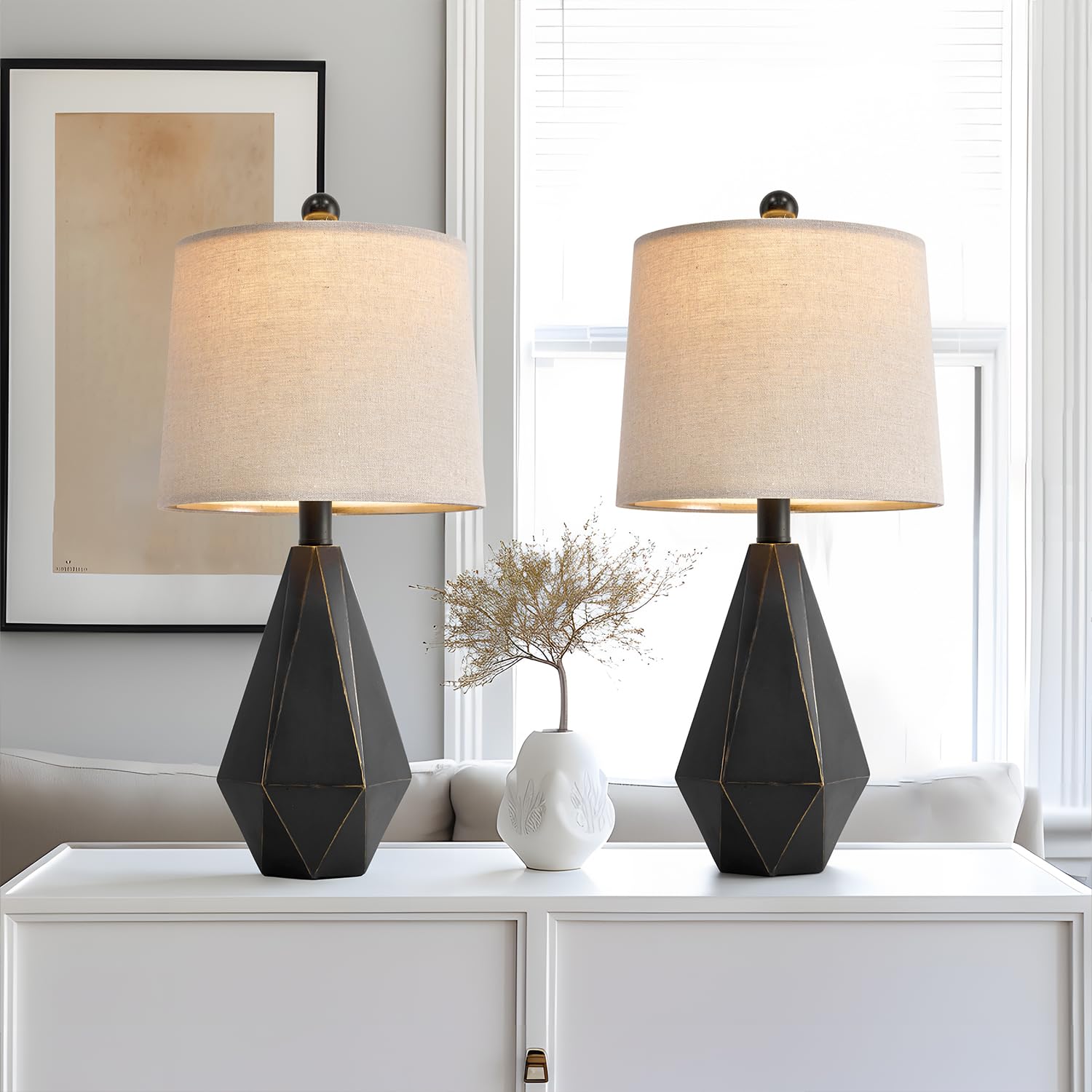 PoKat Table Lamps Set of 2, 20.25'' Black Farmhouse Bedside Lamps for Bedroom and Living Room