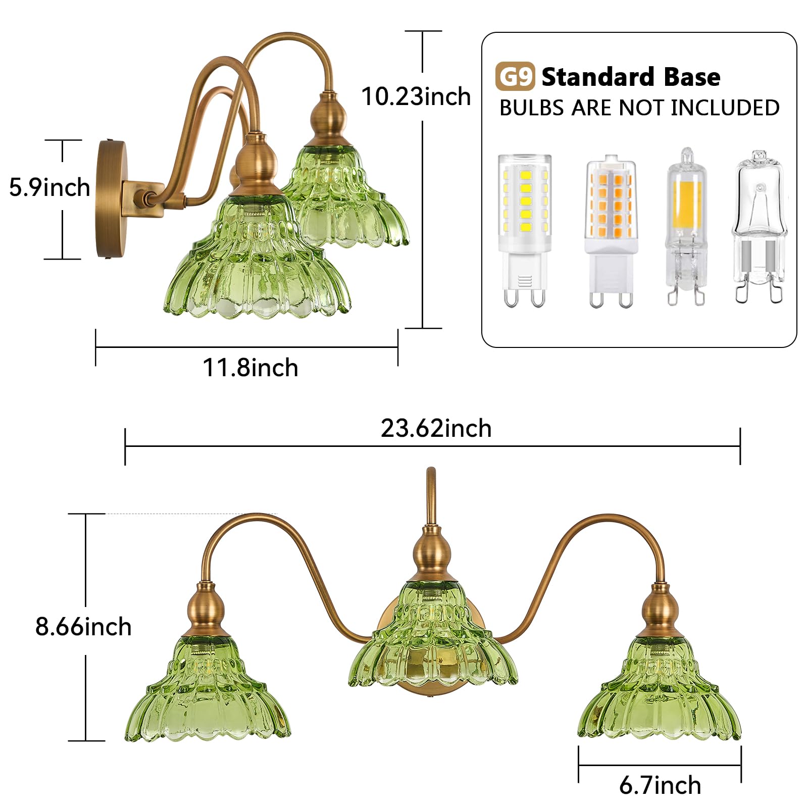 TLOLGT Vintage 3-Light Bathroom Vanity Light Fixture - Green Glass Wall Sconces for Bedroom, Living Room, Kitchen, Model LS178-3