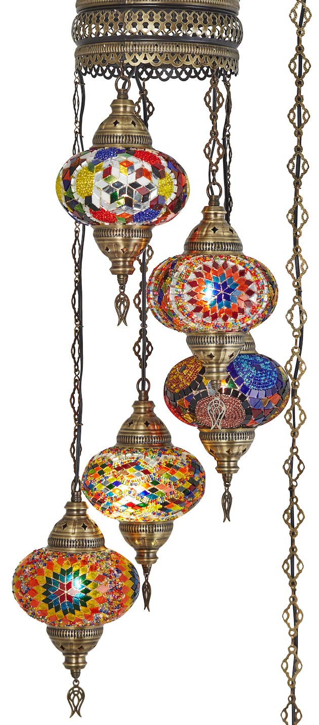 DEMMEX 5-Large 7in  Turkish Moroccan Mosaic Plug-in Chandelier, Colorful Bohemian Pendant Light, 15-ft Cord, Rainbow
