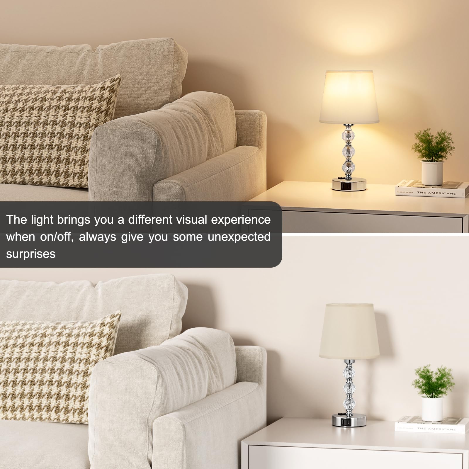 Acaxin Crystal Bedside Lamps Set of 2 with USB Ports & AC Outlet, 14.6in Beige, Touch Dimmable, Model Acaxin-crystal