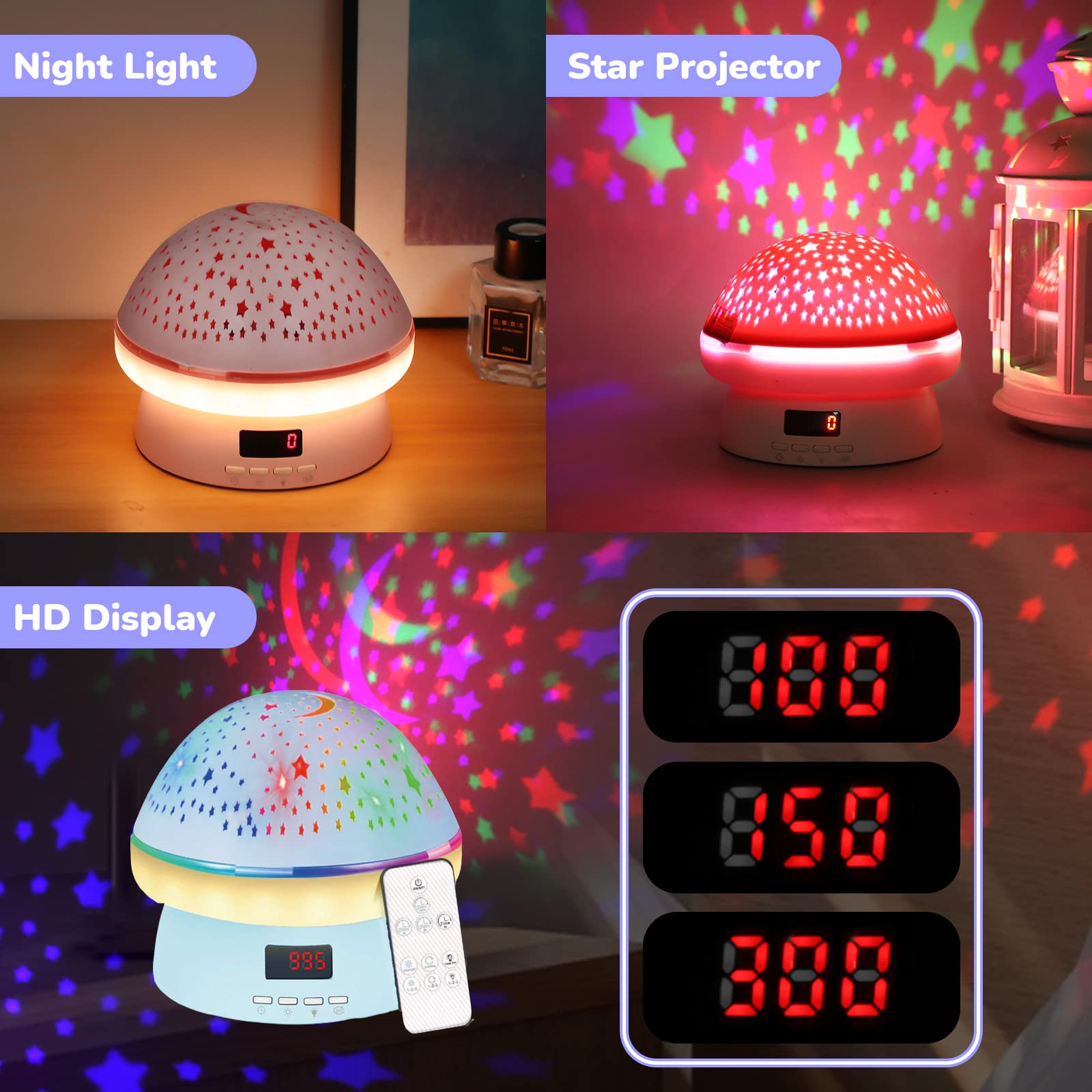 Remote Control and Timer Design Starry Sky Rotating Star Projector Night Light,16 Colorful Projector Light Dimmable LED Bedside