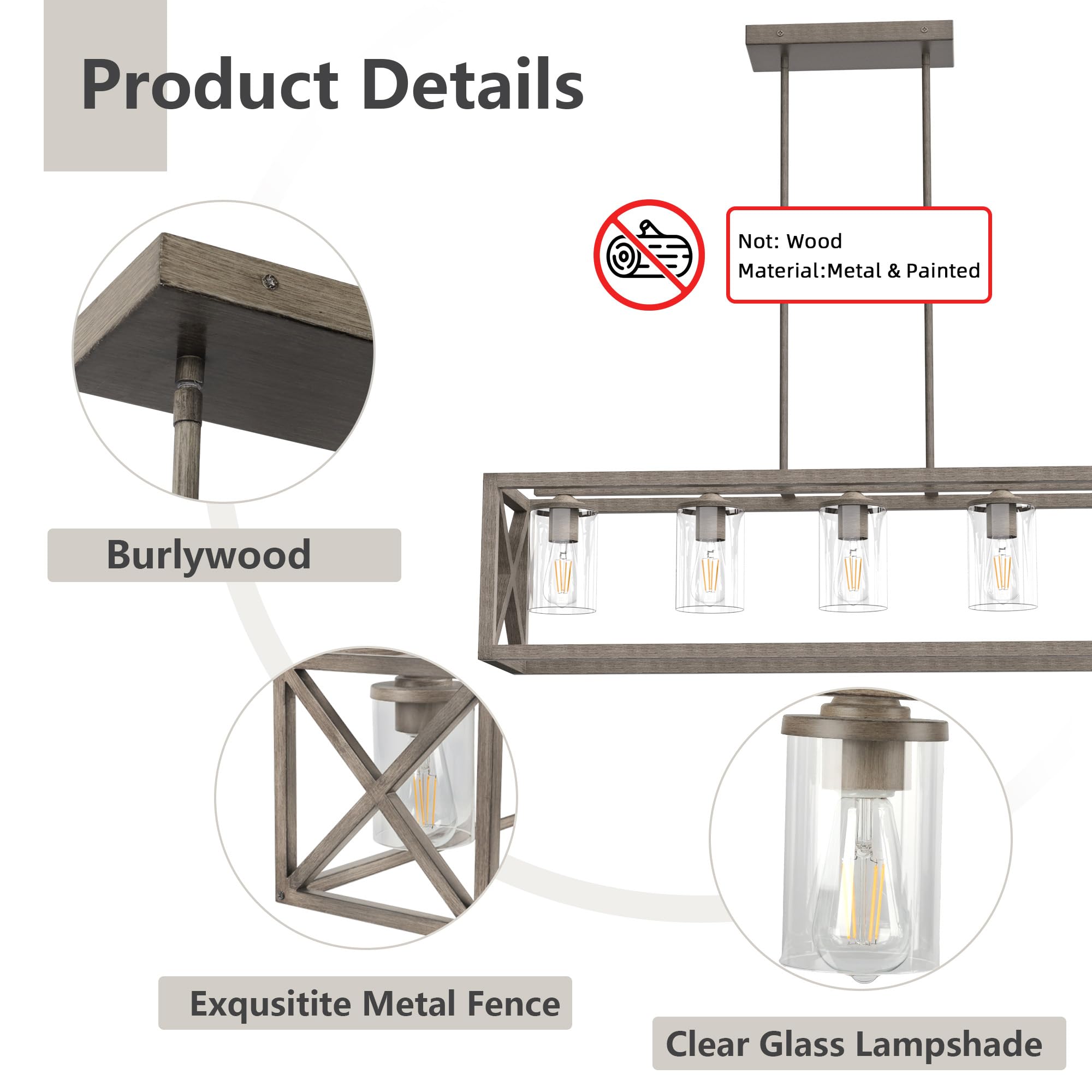 Espird 5-Light Burlywood Dining Room Chandelier with Clear Glass Shade & Adjustable Height, Model KJD-MW