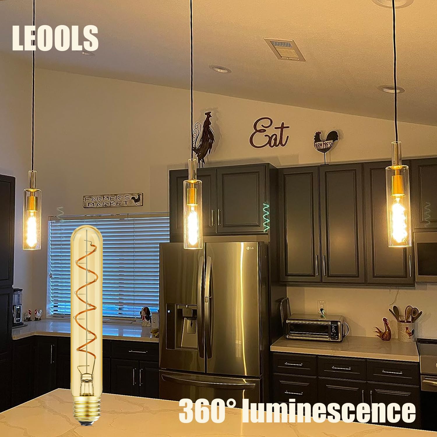 Leools T10 Vintage Led Edison Light Bulbs 60 Watt, 4-Pack Dimmable T30 6W2200K Amber Warm Light Bulbs, E26 Base, 6W Led Equal 60