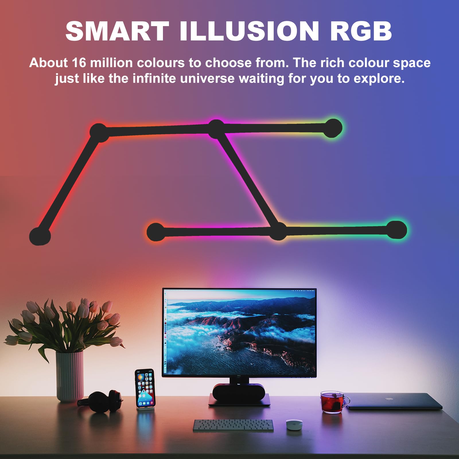 KOBAIBAN Smart Wall Light Lines, WiFi RGB LED Bars, 6 Light Lines Kit, Dimmable, Music Sync, Black, Model JSK-P22