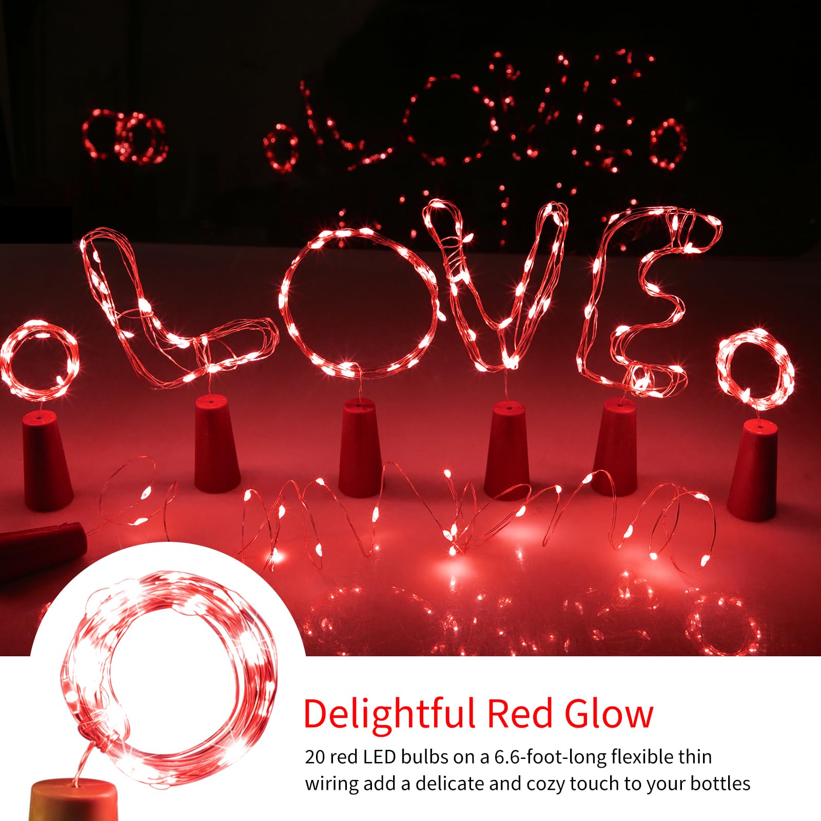 Brightown Wine Bottle Lights With Cork, 10 Pack 20 Led Waterproof Battery Operated Cork Lights, Silver Wire Mini Fairy Lights For Liquor Bottles Diy Party Bar Christmas, Red