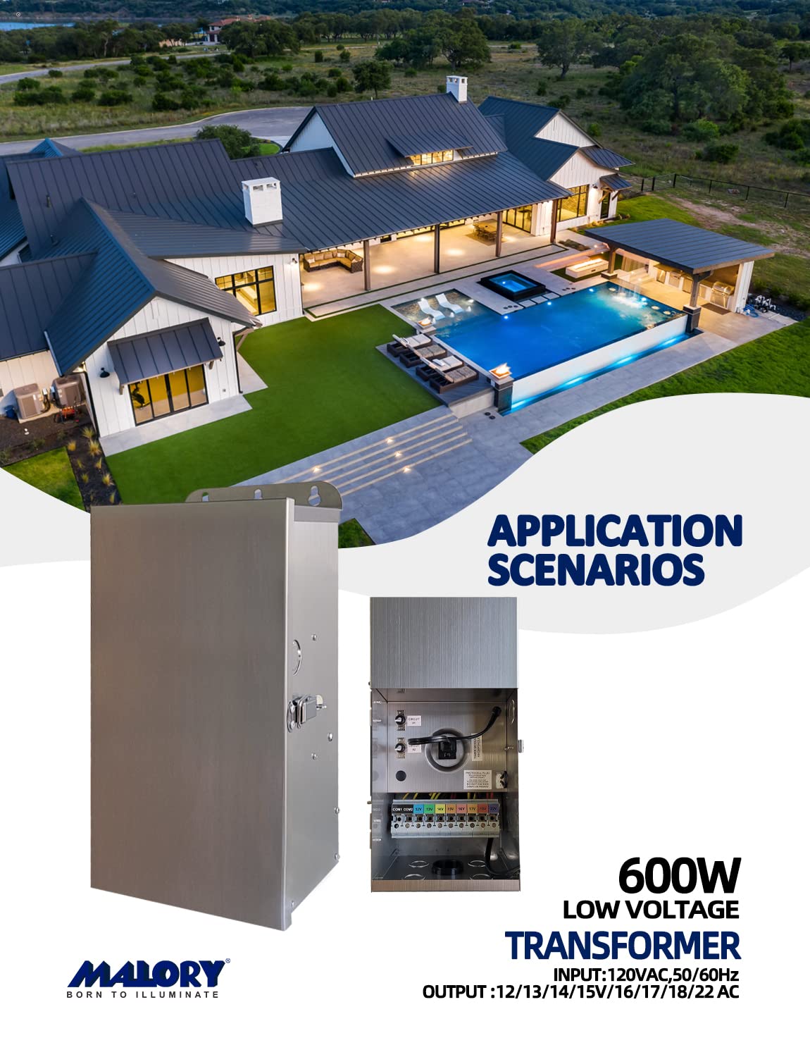 Malory 600W Low Voltage Transformer With Timer & Photocell For Landscape Lighting,120V Ac To 12/13/14/15/16/17/18/22V Multi-Tap