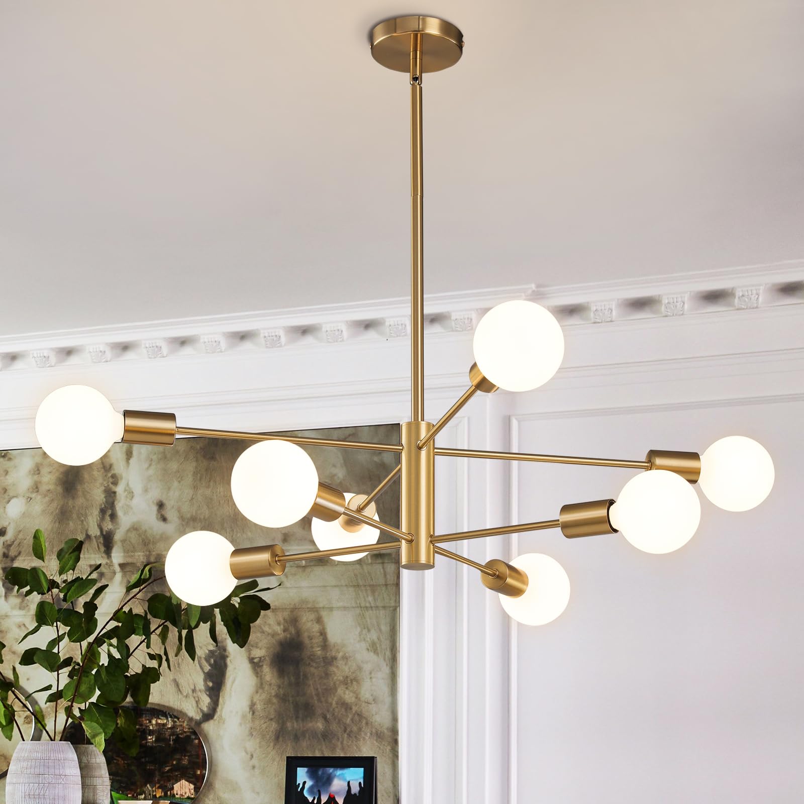 RUIYEY Modern Sputnik Chandeliers Light, 8-Light Gold Dining Room Chandelier Over Table, E26 Mid Century Ceiling Light Fixtures 
