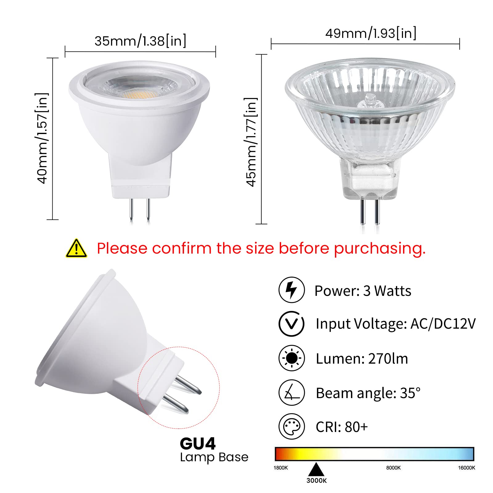 Lustaled MR11 LED Bulb 3W 12V AC/DC GU4 Bi-pin Warm White 3000K 270lm 6-Pack
