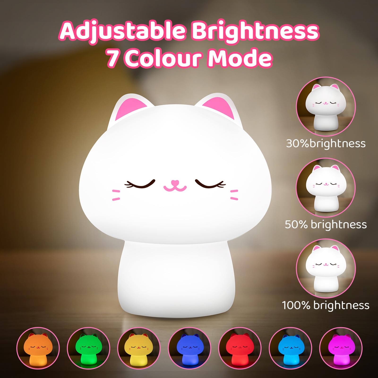 Caaaat Cat Night Light for Kids-10 Colors Cute Lamp, 1200 mAh Dimmable Lamp, Silicone Kids Night Light, Nightlight for Toddler T