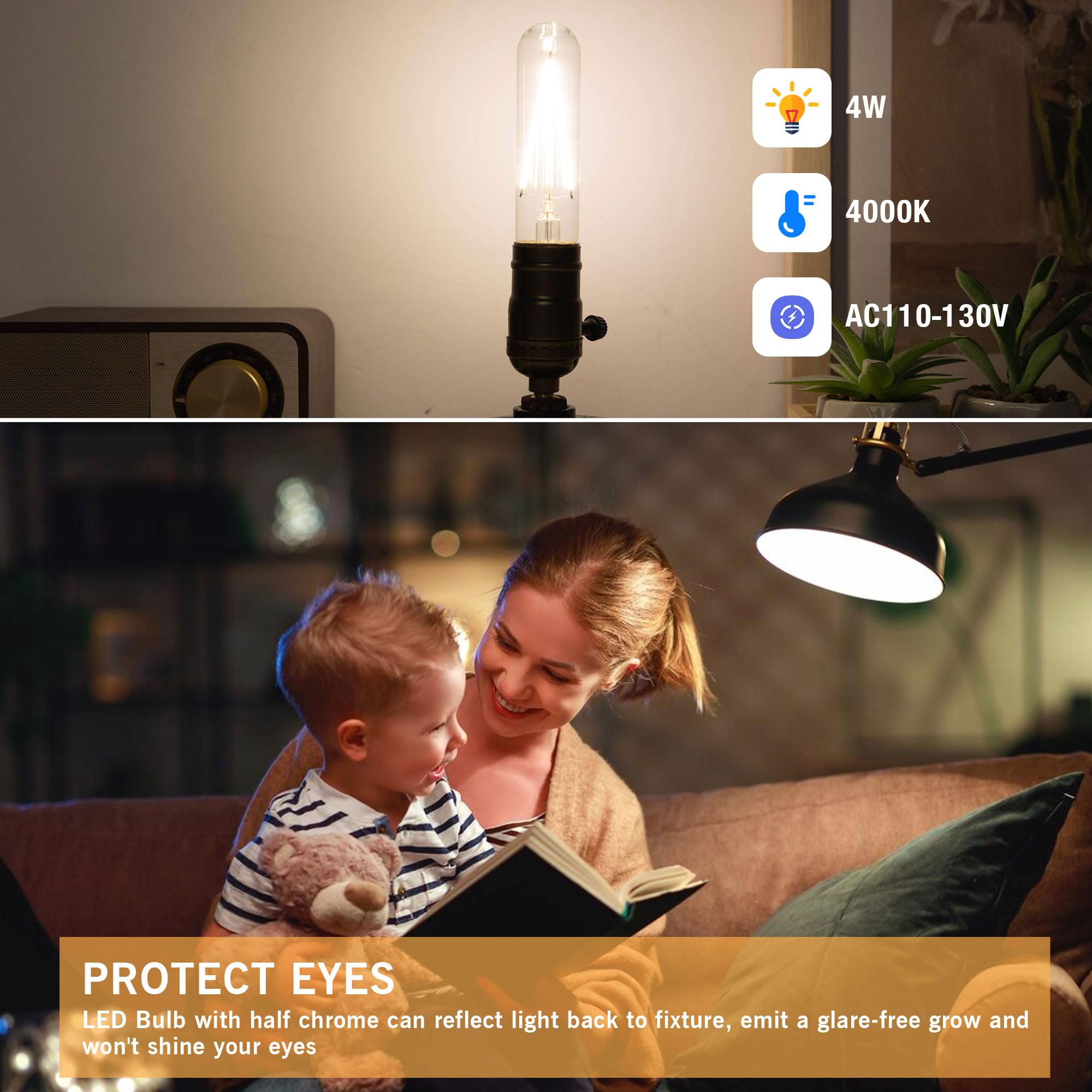PADMO LUDAZ Dimmable T10 LED Bulbs 4W (40W Equivalent) Pack of 2 Neutral White 4000K Glass