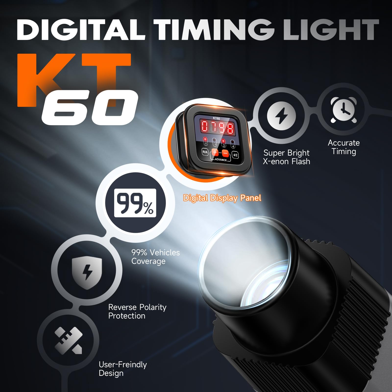 Kzyee Kt60 Engine Timing Light With Tachometer, Timing Light Automotive 12V For 2&4 Stroke Petrol Engine For Old Classical Cars, Motorcycles, Marine, Agricultural Machinery
