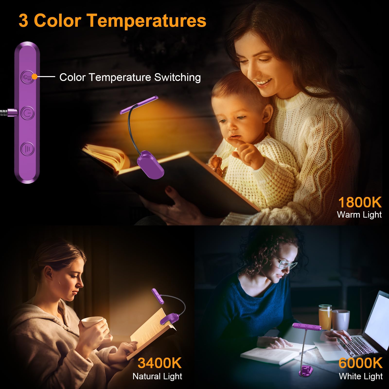 Gritin Rechargeable Book Light - 19 LEDs, 3 Color Temperatures, 5 Brightness Levels, Flexible Goose Neck, Dark Purple, Model G1321