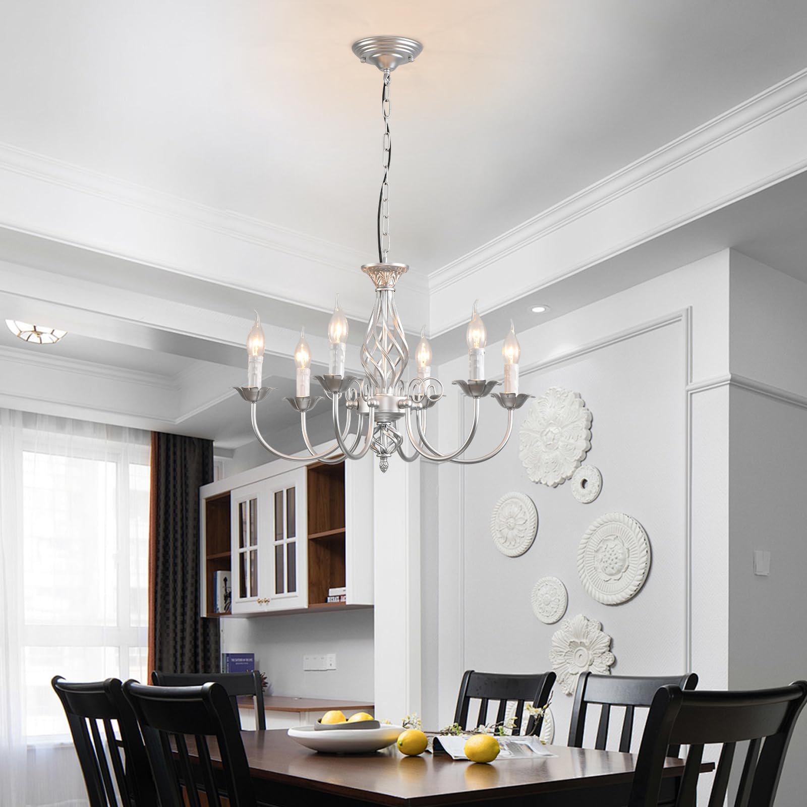 Jaycomey Sliver Farmhouse Candle Chandelier, 6-Light Rustic Industrial Pendant Ceiling Light Fixture, Ceiling Hanging Lamp For H