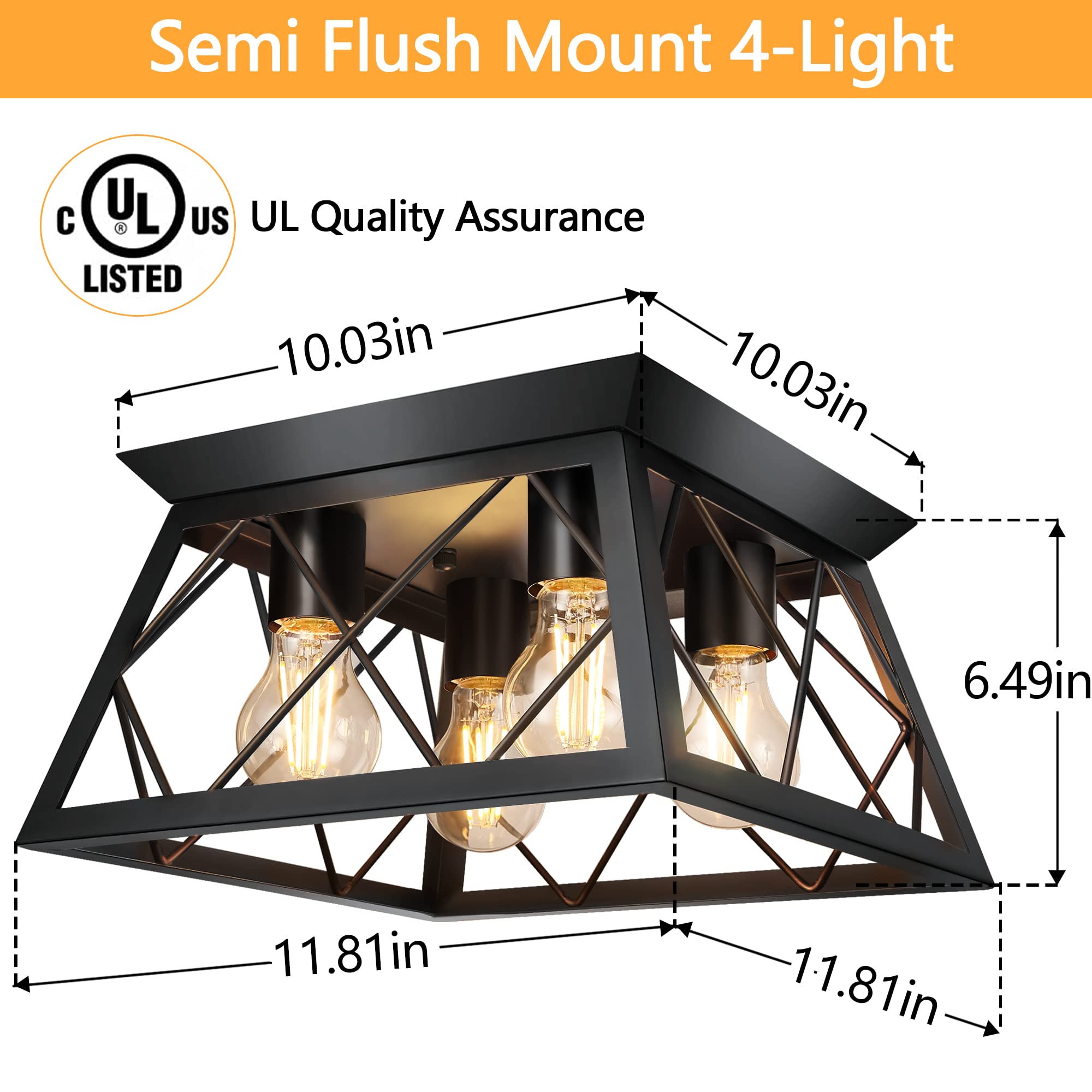 Fadimikoo 4-Light Black Metal Flush Mount Ceiling Light, Industrial Square Cage Design For Kitchen, Dining Room, Living Room