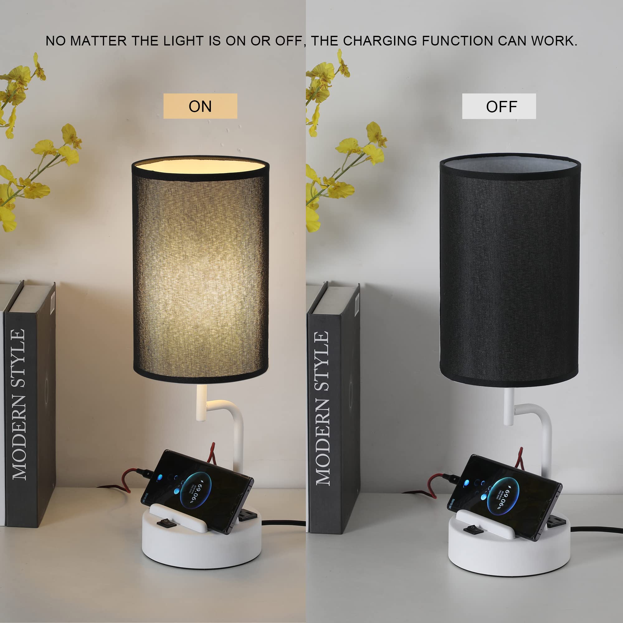 Dreamholder Table Lamp - Modern Desk Lamp with 3 USB Ports, AC Outlet, Phone Stands, Pack of 2, Black & White