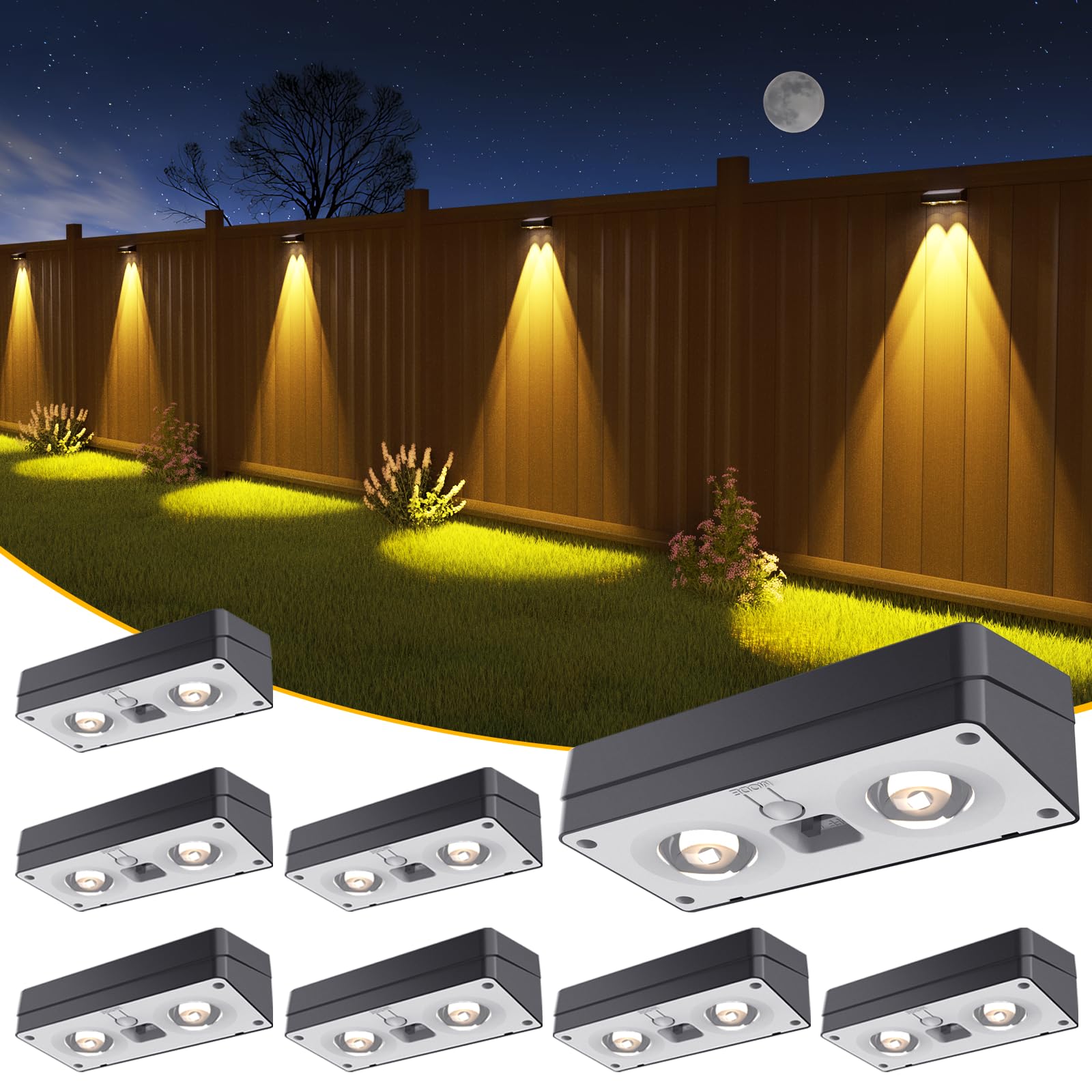 JOFIOS Solar Fence Lights 8 Pack, 50 Lumens RGB Color Glow, Waterproof, Black, Model WL15