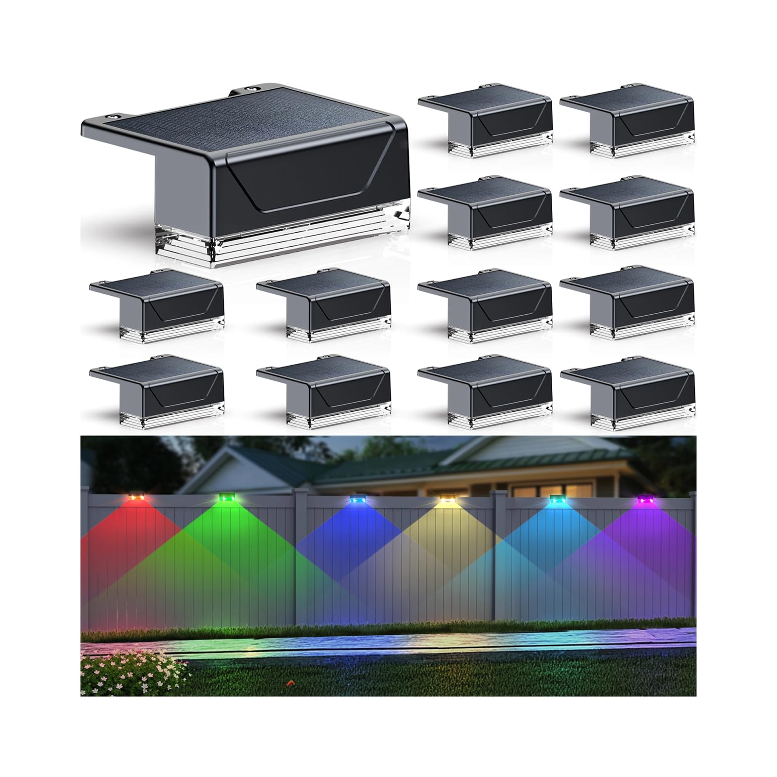 LIANGLOME 12PK Solar Fence Lights Outdoor Waterproof LED - Warm White & RGB 6 Color  Dusk to Dawn Deck Light  IP65 Waterproof Garden Lights for Outside/Backyard/Railing/Step/Patio/Wall