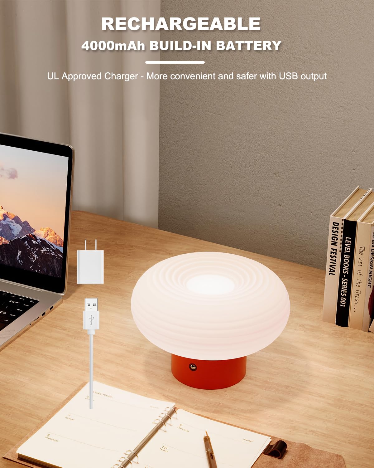 Fanhao Touch Bedside Table Lamp, Portable 4000Mah Cordless Rechargeable Mushroom Lamp For Bedroom Living Room Nightstand, 3-Colo