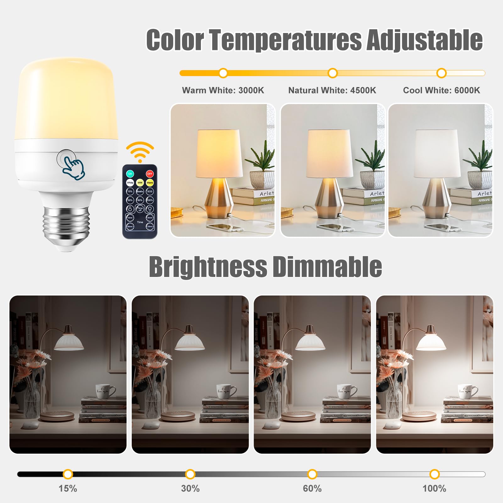 Brightown E26 Rechargeable Light Bulb with Remote & Timer, Dimmable 3 Color Temperatures & 9 RGB, Battery Backup, 2 Pack