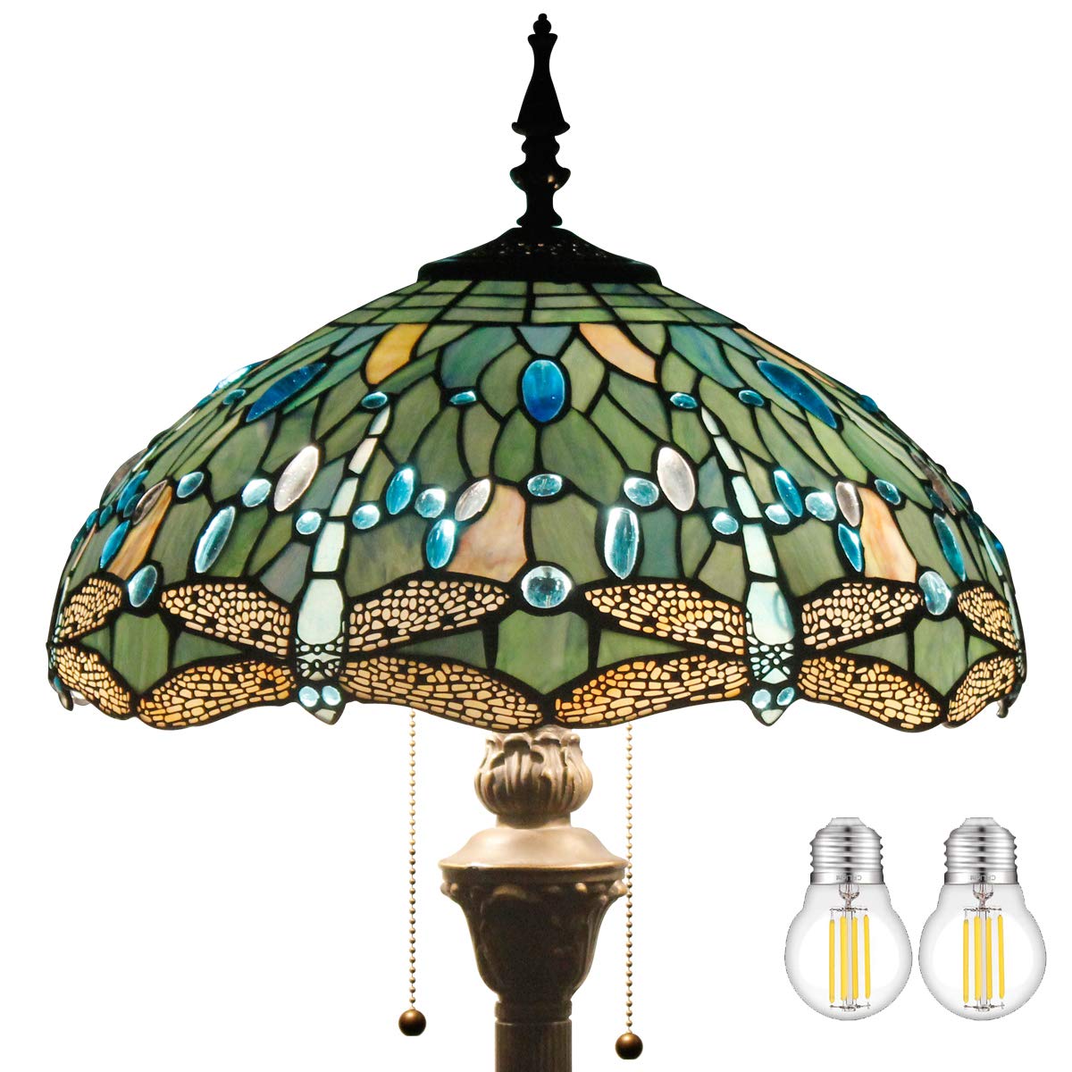Werfactory Tiffany Floor Lamp Sea Blue Stained Glass Dragonfly Standing Reading Light 16X16X64 Inches Antique Pole Corner Lamp D