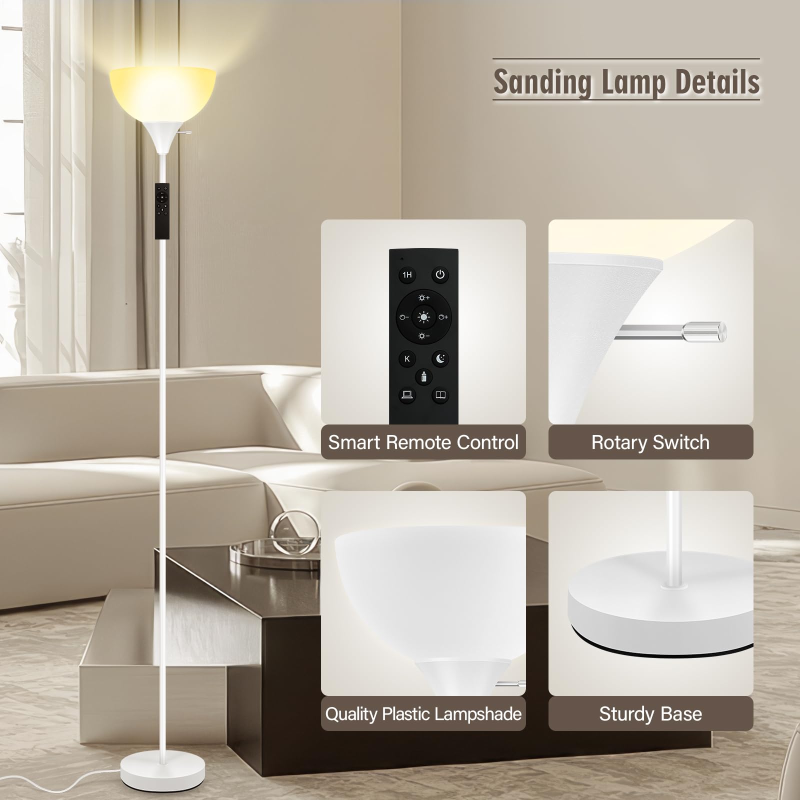 Bricosmocon Floor Lamp, 71in  Torchiere, Remote Control, 2700K-6500K Adjustable Brightness, Metal, White, Model F0162